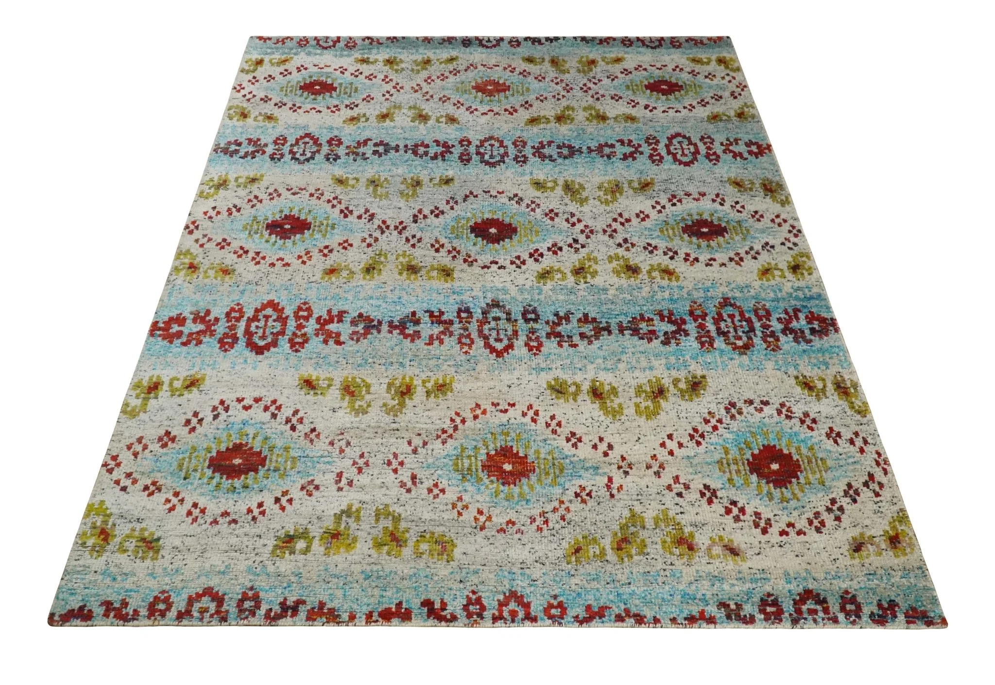 8x10 Hand Knotted Ivory, Red and Blue Persian made of Recycled Silk Area Rug | OP53 - Image 12