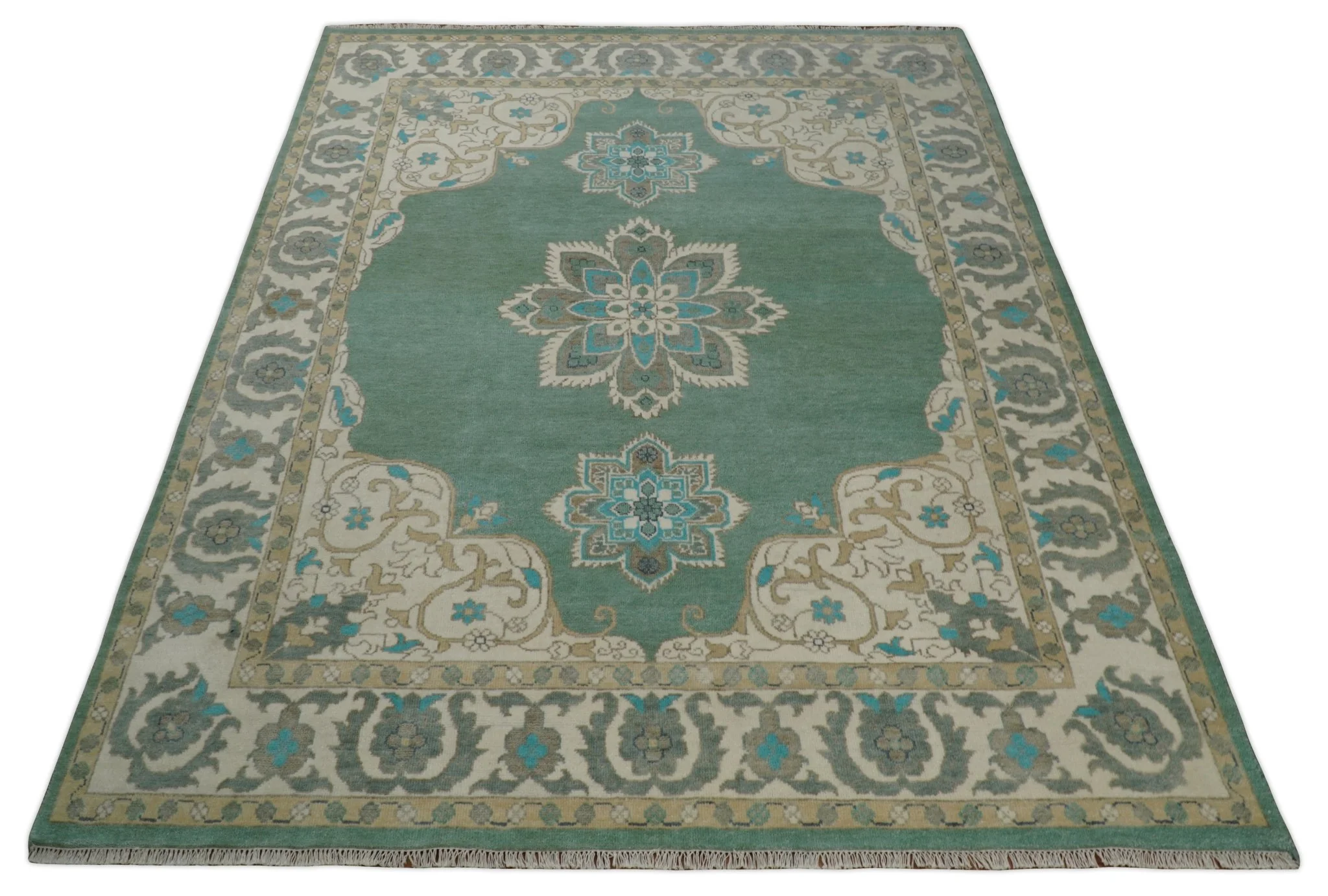 Emerald Green 8x10 Hand Knotted Vintage Persian Medallion Traditional Rug | TRDCP768810 - Image 11