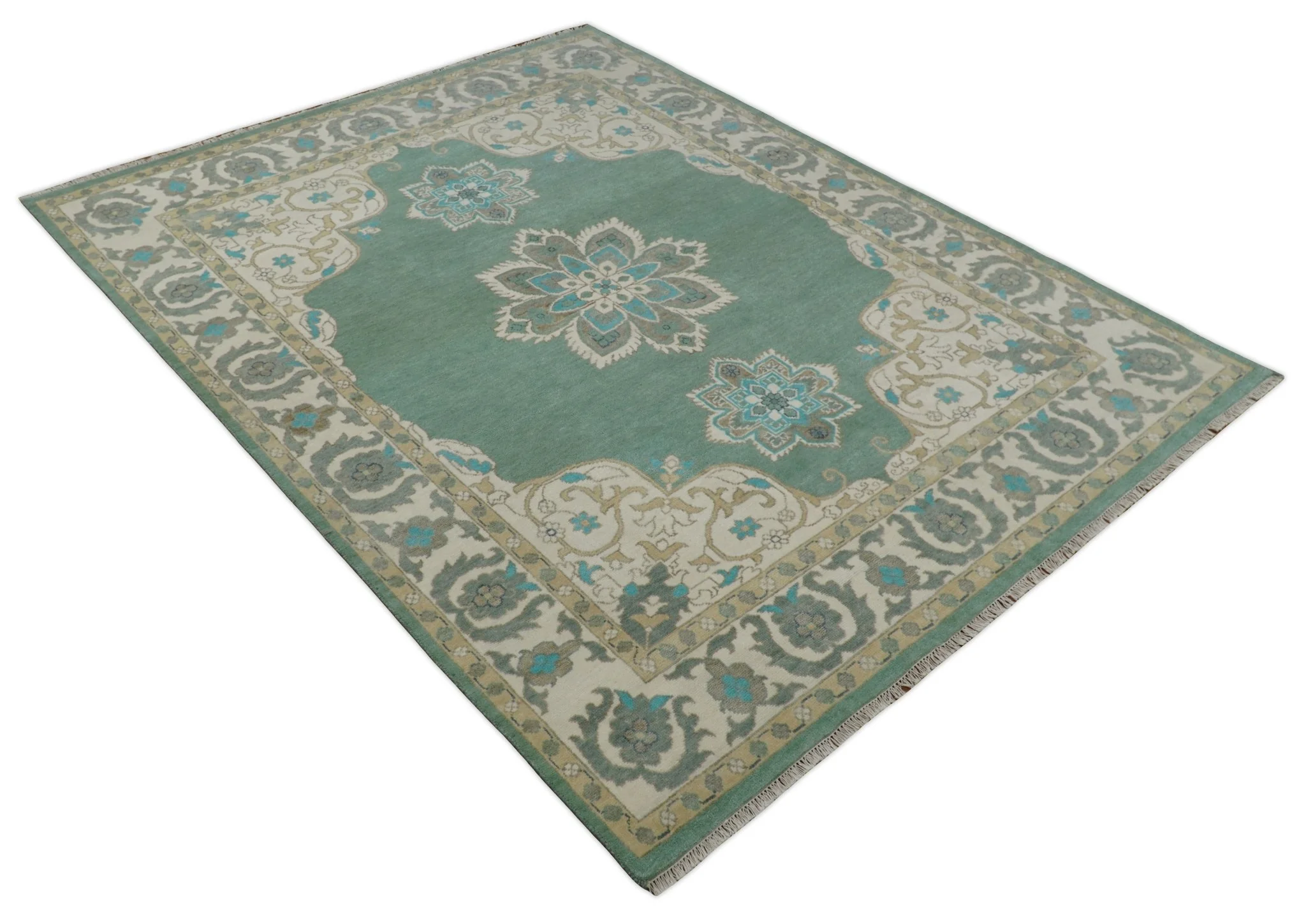 Emerald Green 8x10 Hand Knotted Vintage Persian Medallion Traditional Rug | TRDCP768810 - Image 12