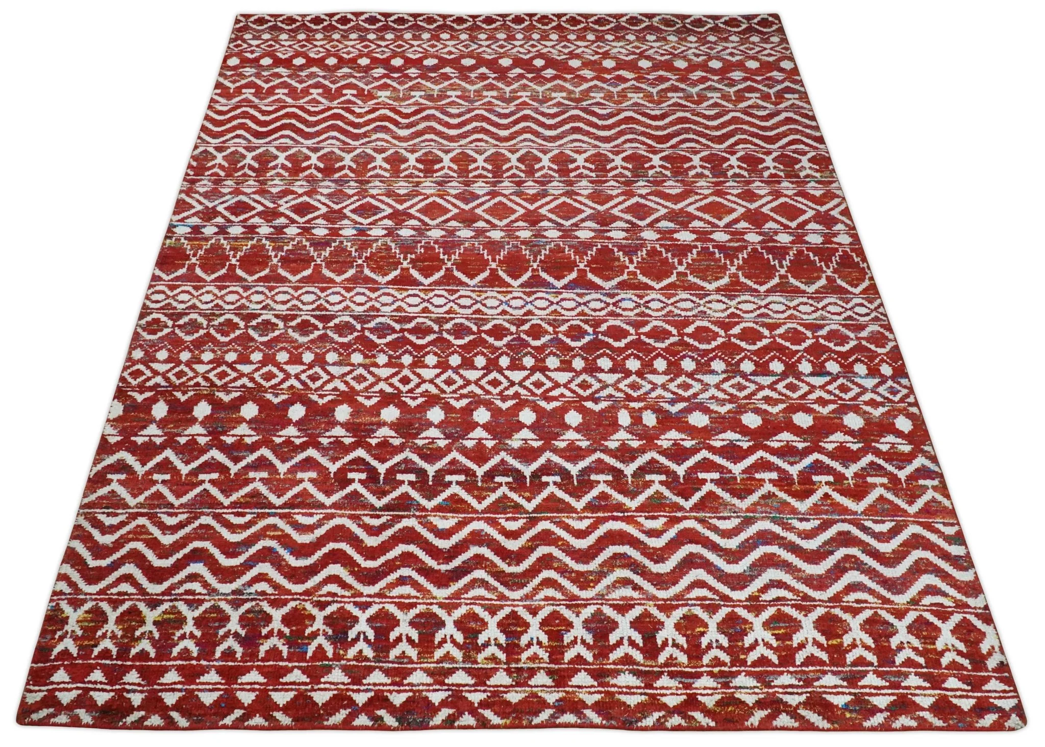 8x10 Hand Knotted Maroon and White Modern Contemporary Southwestern Tribal Trellis Recycled Silk Area Rug | OP27 - Image 11