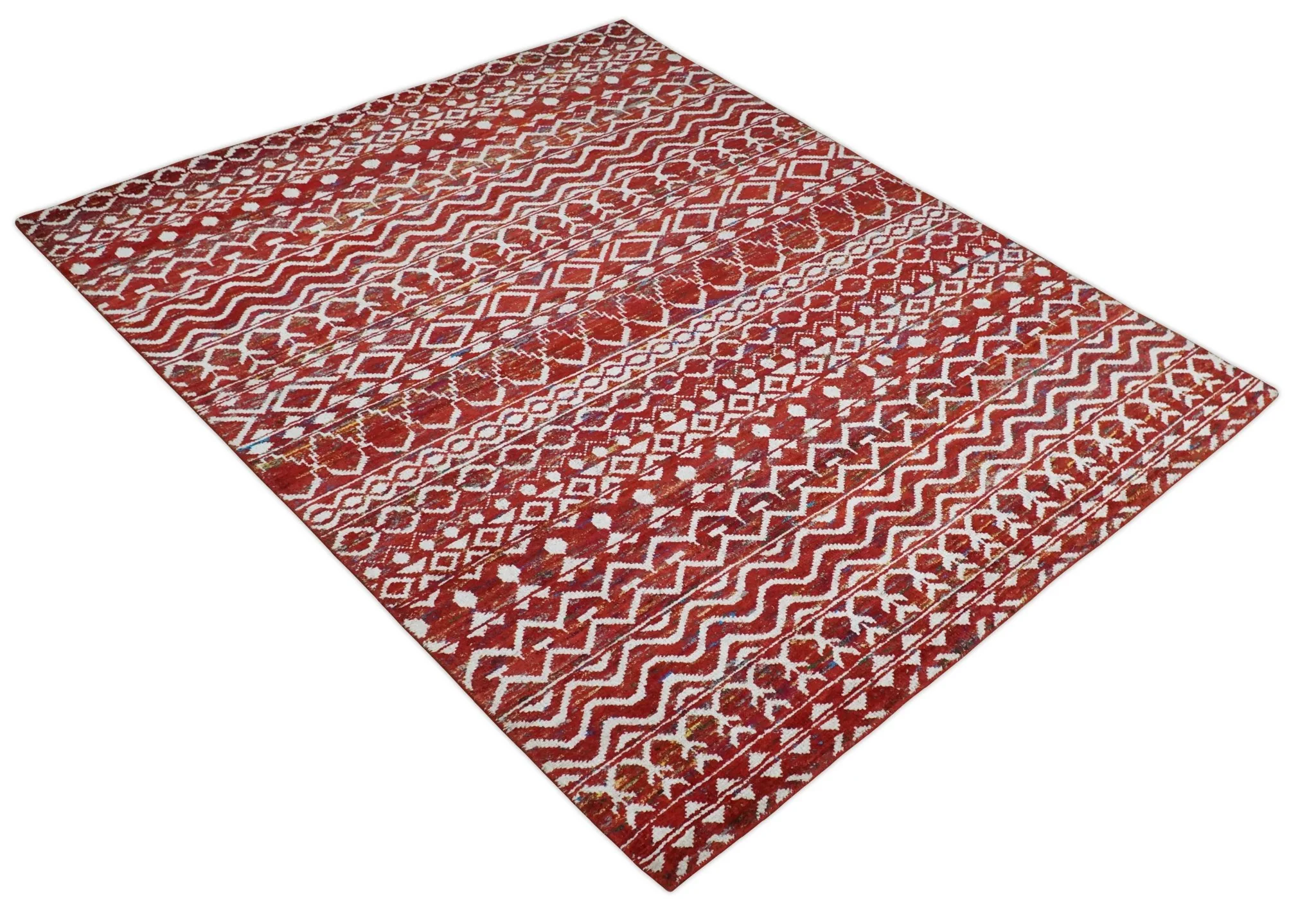 8x10 Hand Knotted Maroon and White Modern Contemporary Southwestern Tribal Trellis Recycled Silk Area Rug | OP27 - Image 12