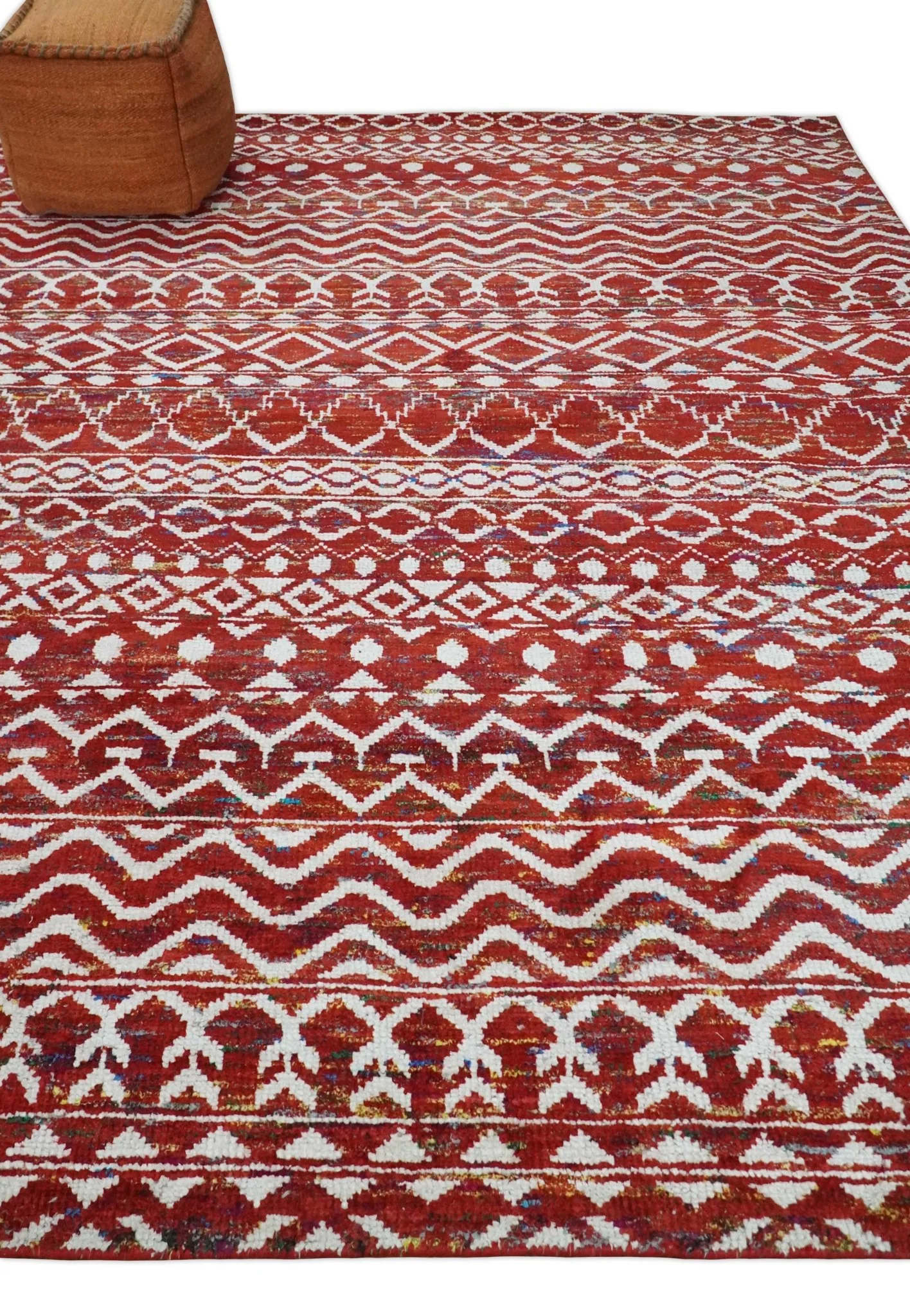 8x10 Hand Knotted Maroon and White Modern Contemporary Southwestern Tribal Trellis Recycled Silk Area Rug | OP27 - Image 3