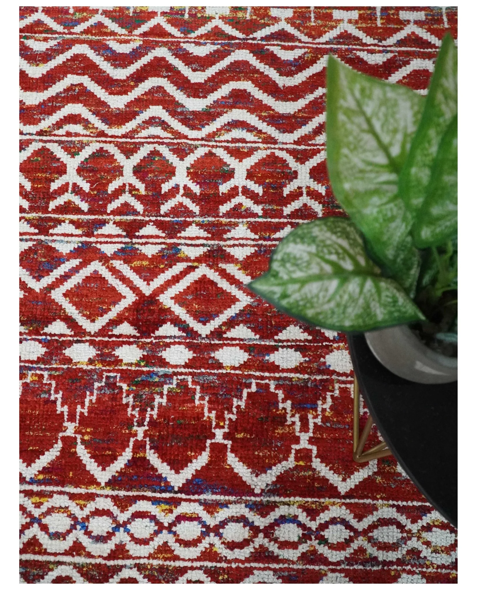 8x10 Hand Knotted Maroon and White Modern Contemporary Southwestern Tribal Trellis Recycled Silk Area Rug | OP27 - Image 6