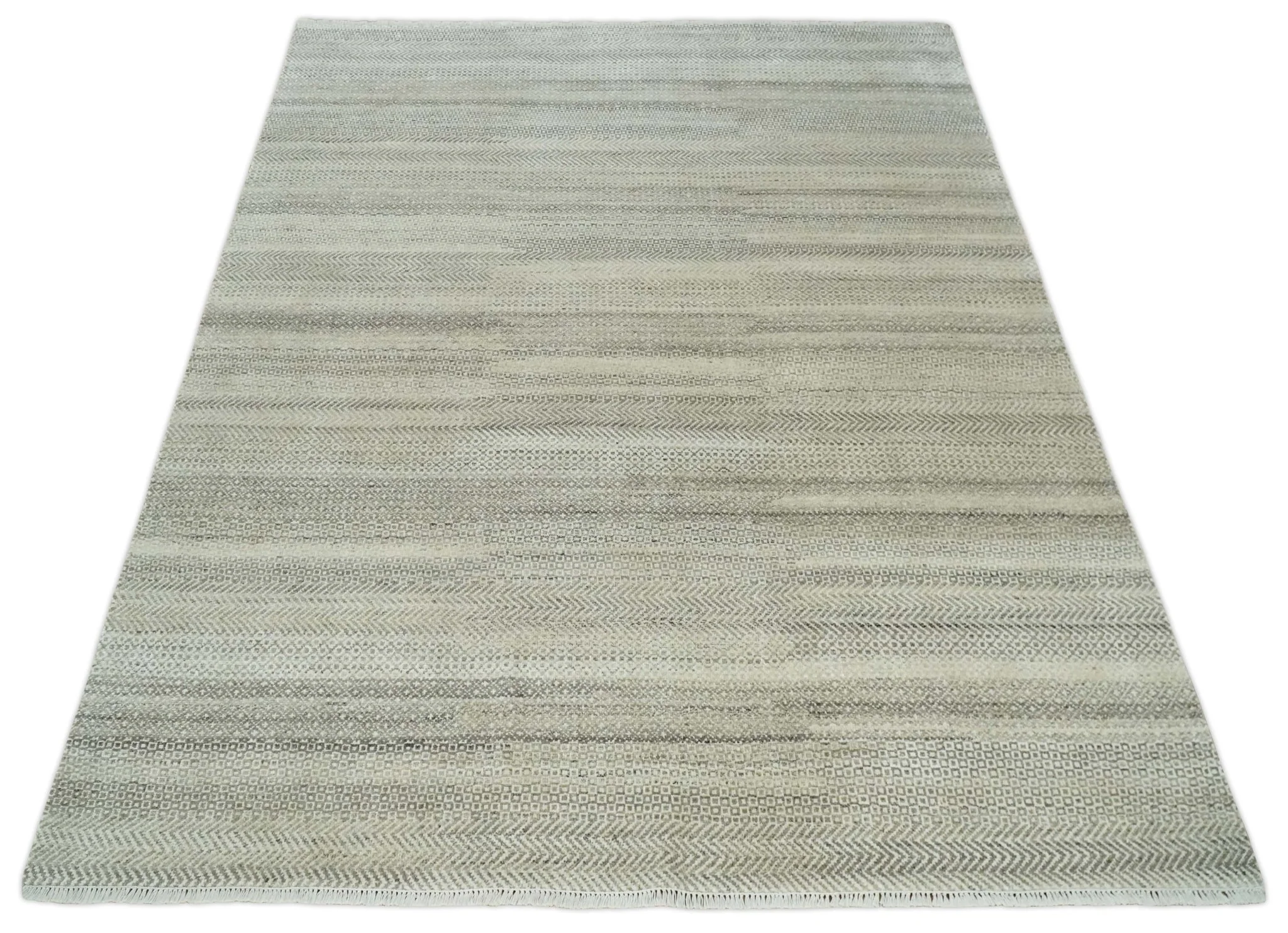 Hand Knotted 8x10 Modern Geometric Trellis Scandinavian Beige, Charcoal and Ivory Wool Area Rug | TRDCP928810 - Image 11