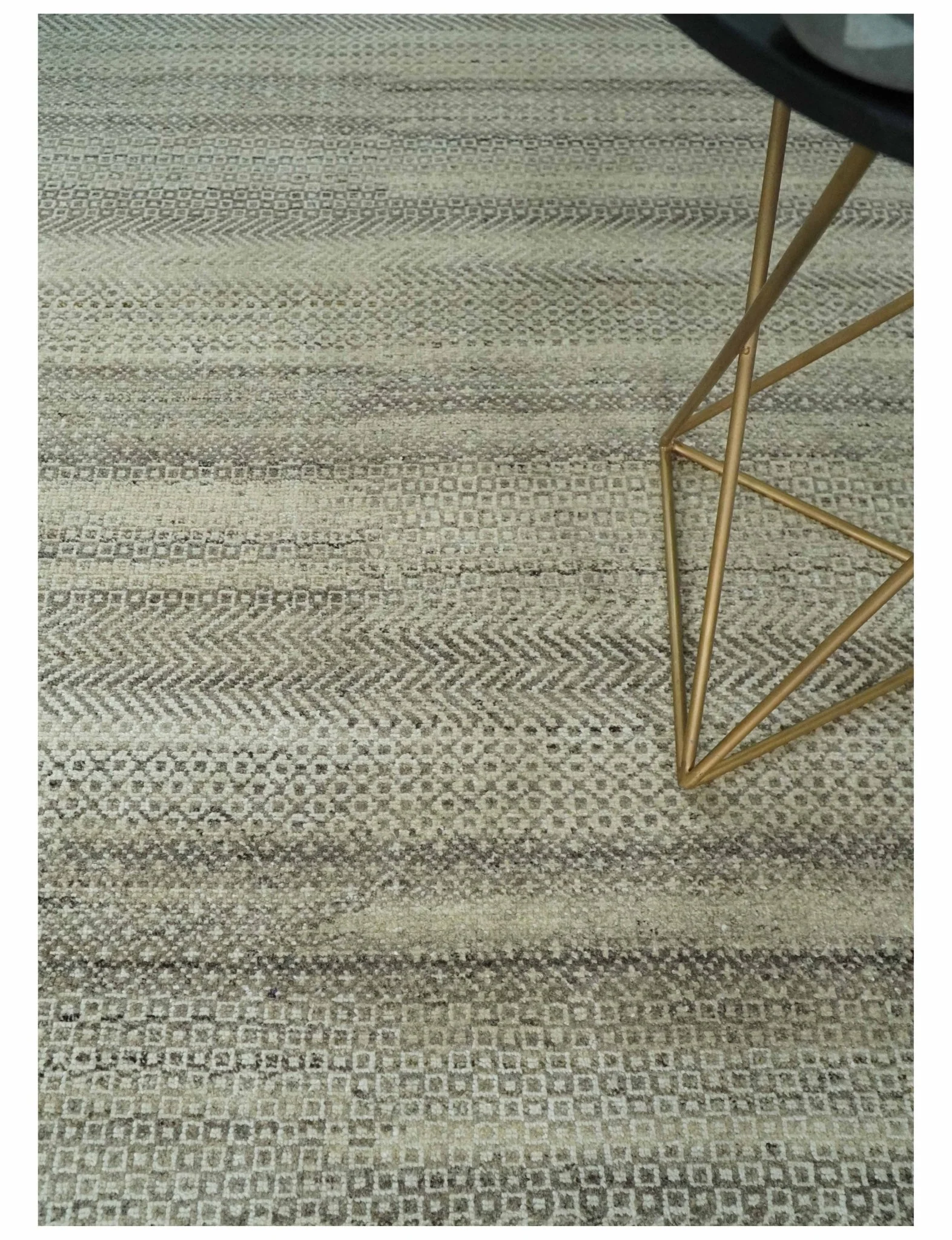 Hand Knotted 8x10 Modern Geometric Trellis Scandinavian Beige, Charcoal and Ivory Wool Area Rug | TRDCP928810 - Image 2