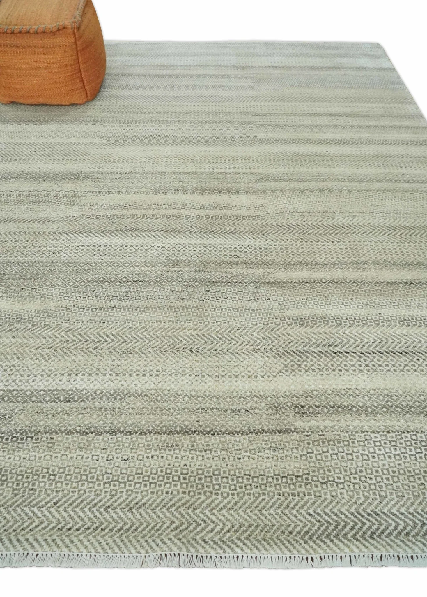 Hand Knotted 8x10 Modern Geometric Trellis Scandinavian Beige, Charcoal and Ivory Wool Area Rug | TRDCP928810 - Image 3