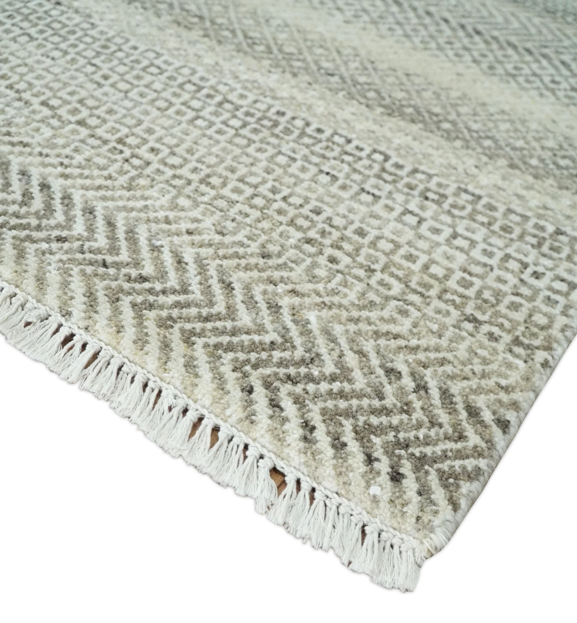 Hand Knotted 8x10 Modern Geometric Trellis Scandinavian Beige, Charcoal and Ivory Wool Area Rug | TRDCP928810 - Image 5