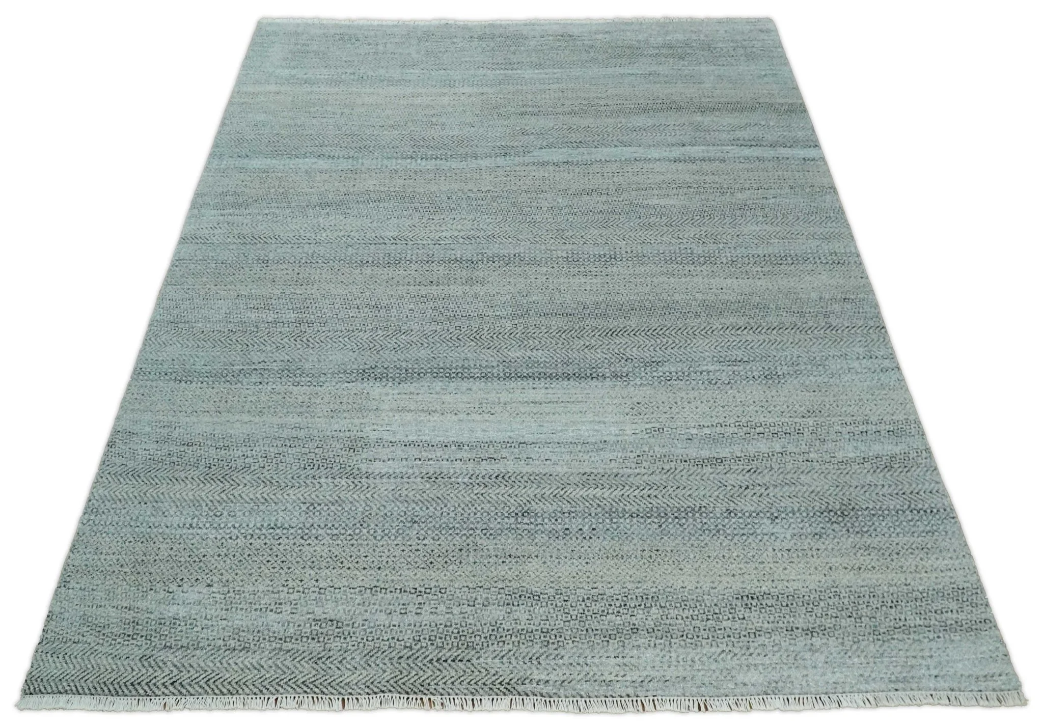 Blue, Ivory and Silver 8x10 Hand Knotted Modern Geometric Trellis Scandinavian Wool Area Rug | TRDCP934810 - Image 11