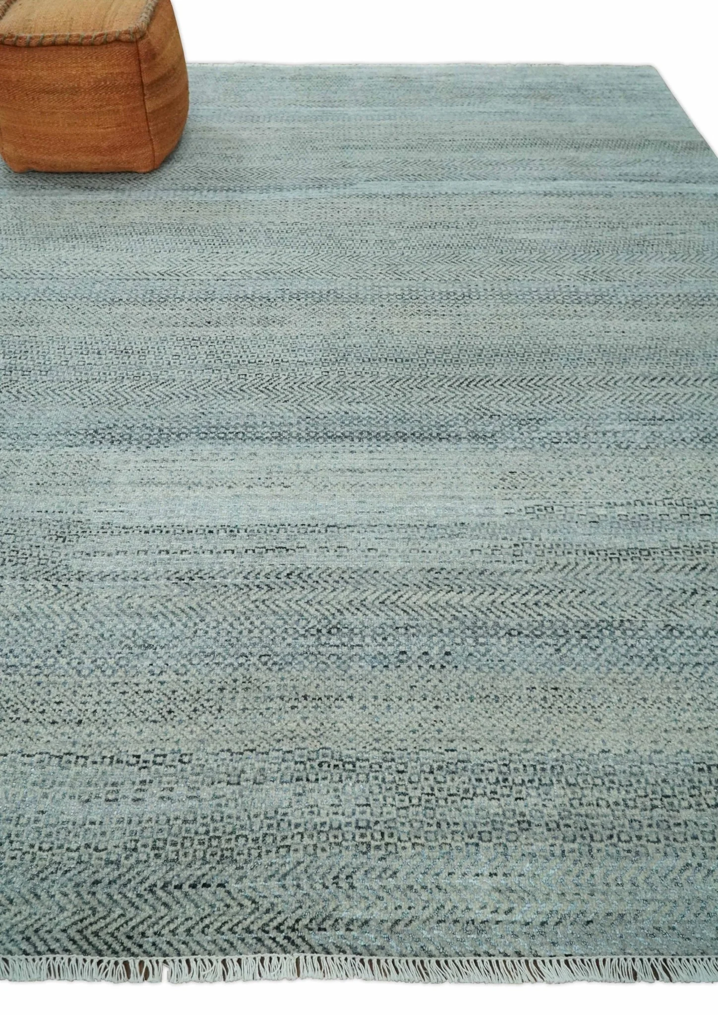 Blue, Ivory and Silver 8x10 Hand Knotted Modern Geometric Trellis Scandinavian Wool Area Rug | TRDCP934810 - Image 3