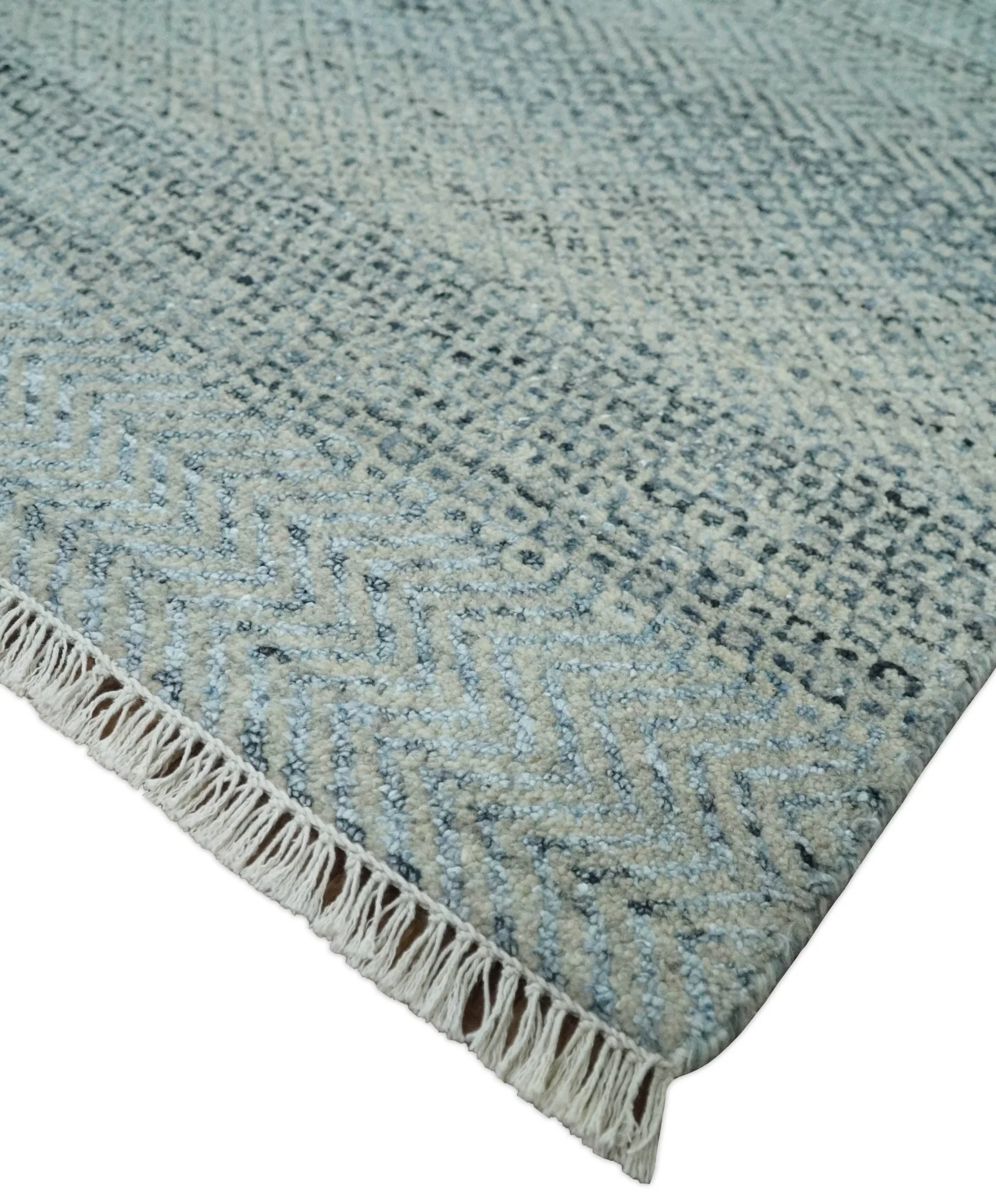 Blue, Ivory and Silver 8x10 Hand Knotted Modern Geometric Trellis Scandinavian Wool Area Rug | TRDCP934810 - Image 5
