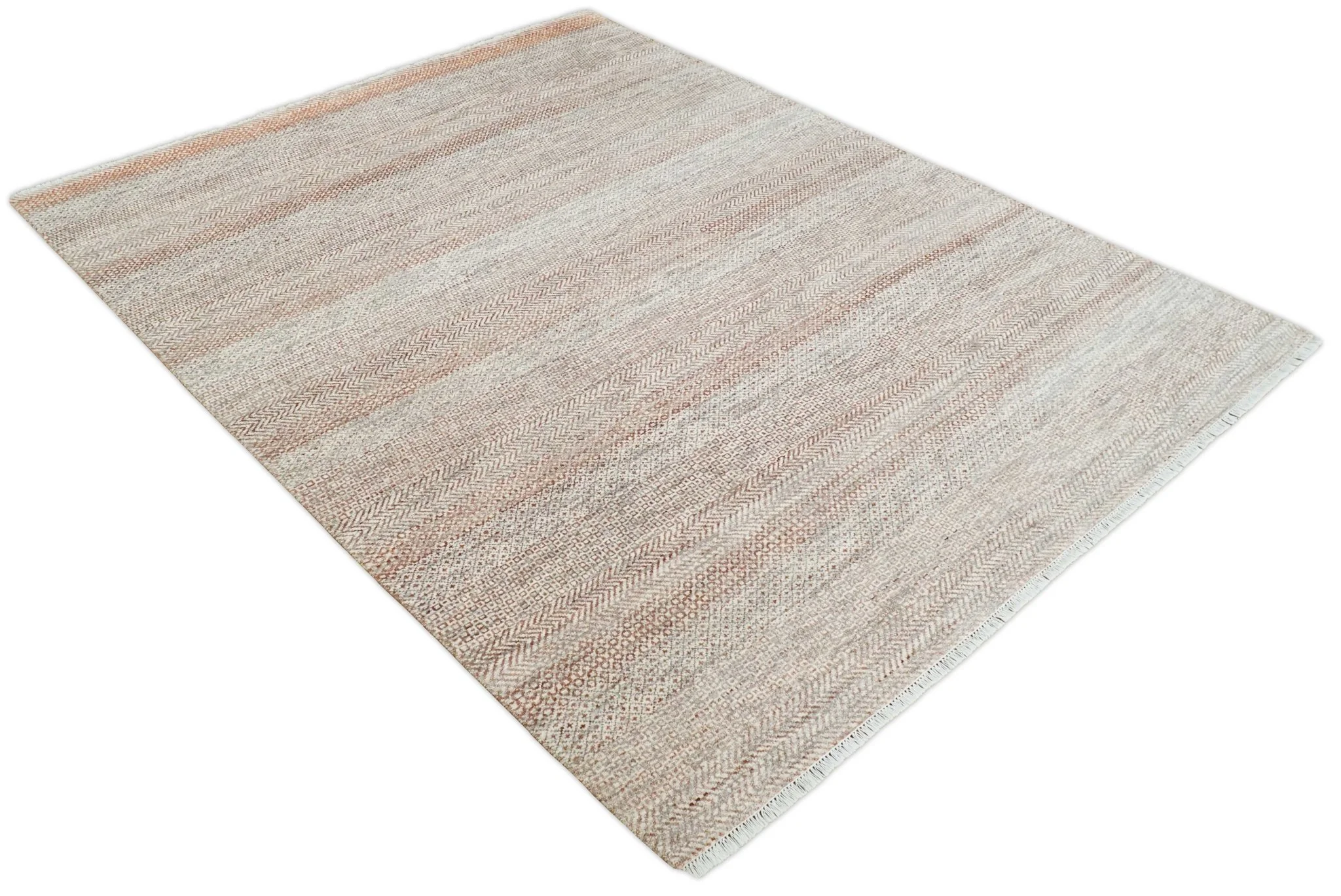 Hand Knotted Modern Geometric Trellis Scandinavian 8x10 Ivory, Rust and Gray Wool Area Rug | TRDCP933810 - Image 10