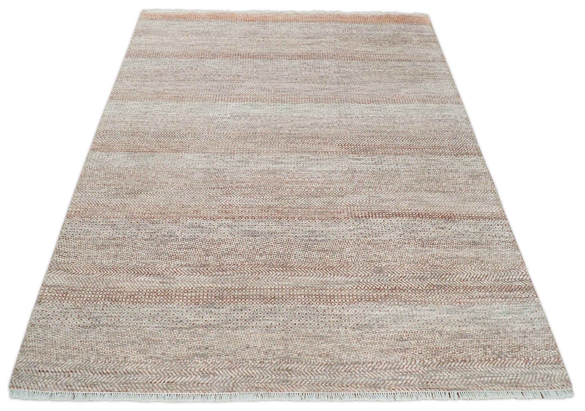 Hand Knotted Modern Geometric Trellis Scandinavian 8x10 Ivory, Rust and Gray Wool Area Rug | TRDCP933810 - Image 11