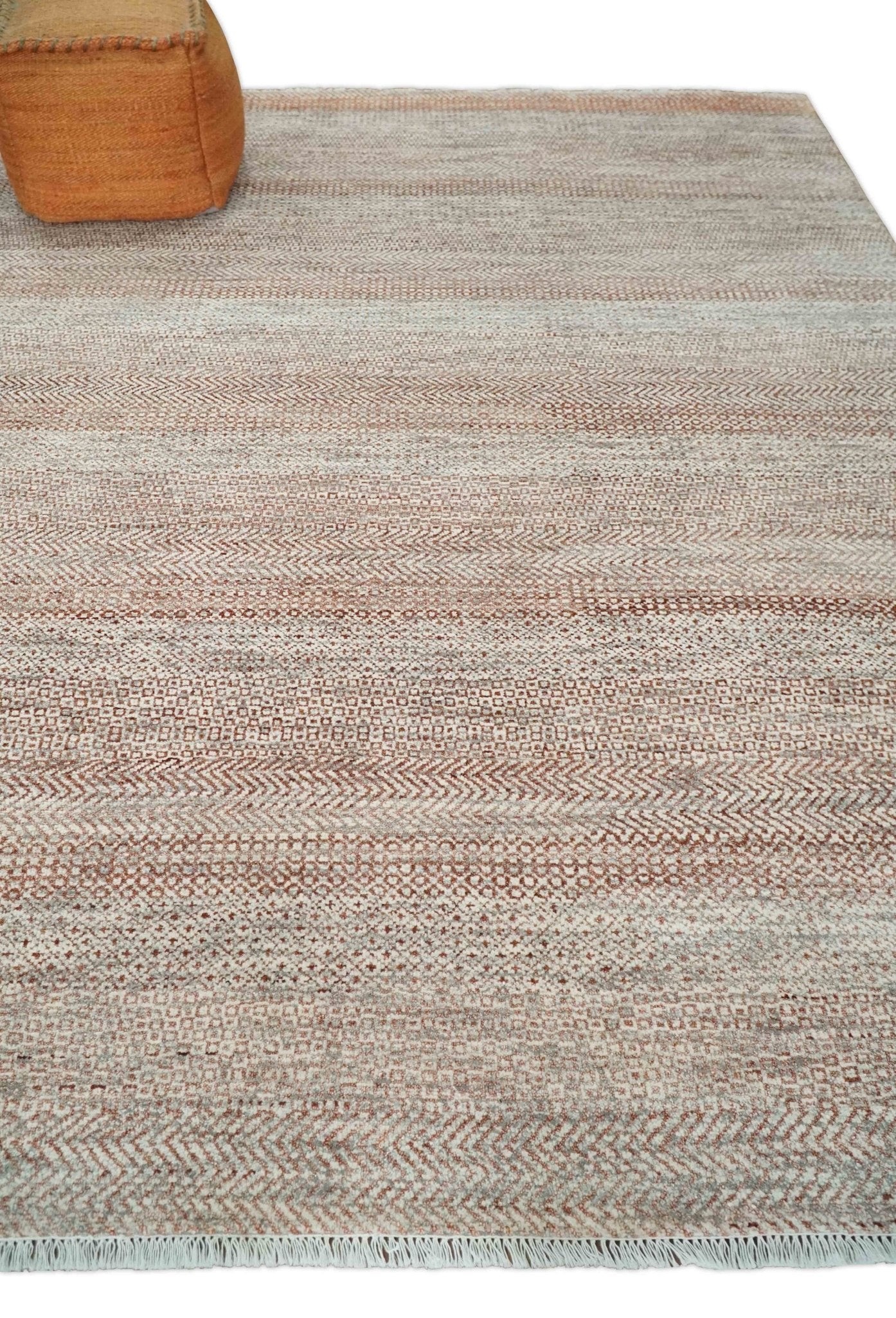 Hand Knotted Modern Geometric Trellis Scandinavian 8x10 Ivory, Rust and Gray Wool Area Rug | TRDCP933810 - Image 3