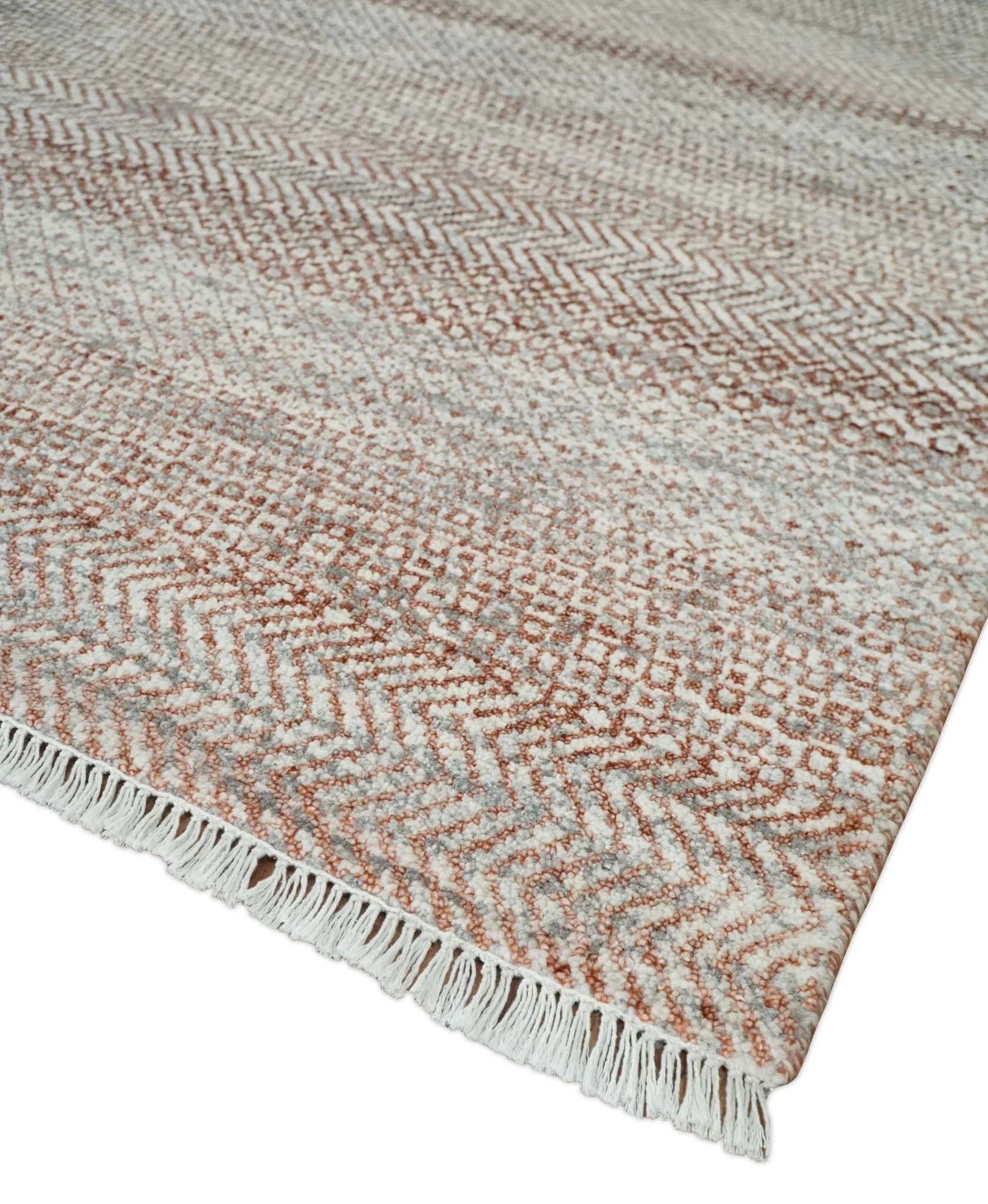 Hand Knotted Modern Geometric Trellis Scandinavian 8x10 Ivory, Rust and Gray Wool Area Rug | TRDCP933810 - Image 5