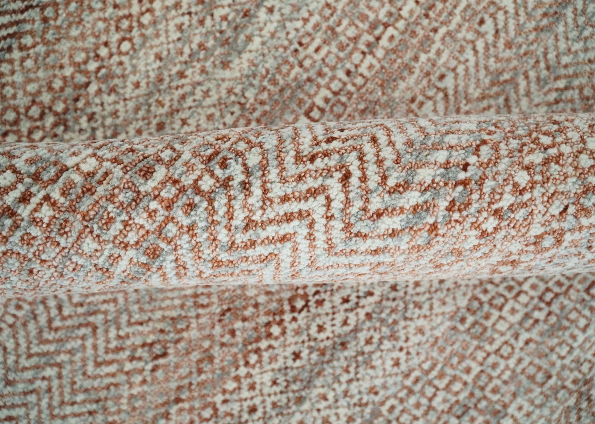 Hand Knotted Modern Geometric Trellis Scandinavian 8x10 Ivory, Rust and Gray Wool Area Rug | TRDCP933810 - Image 6