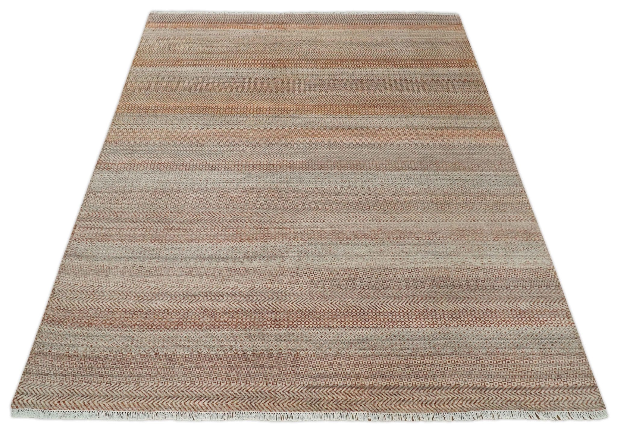 Modern Geometric Trellis Scandinavian Hand Knotted 8x10 Rust, Ivory and Gray Wool Area Rug | TRDCP940810 - Image 11