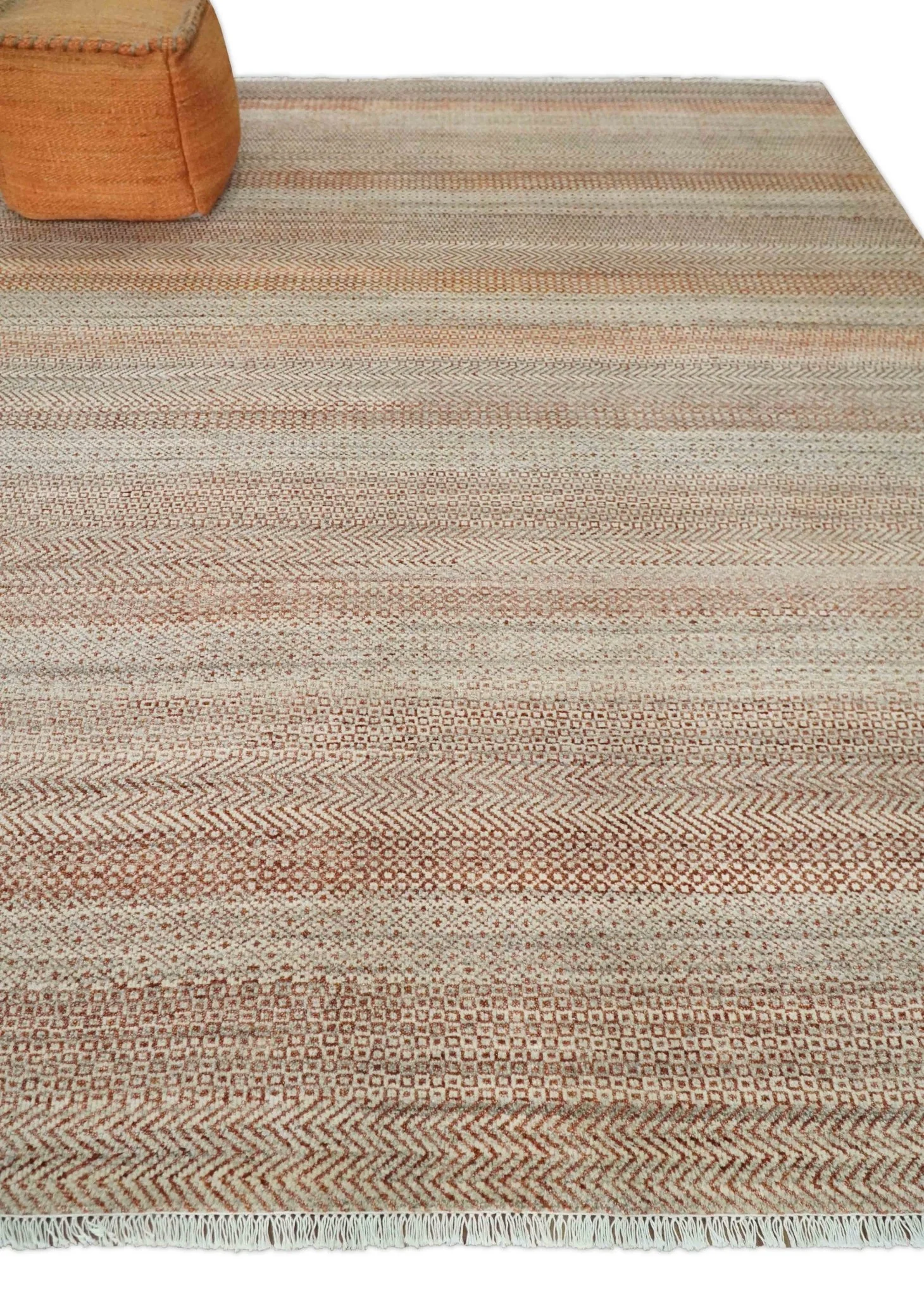 Modern Geometric Trellis Scandinavian Hand Knotted 8x10 Rust, Ivory and Gray Wool Area Rug | TRDCP940810 - Image 3