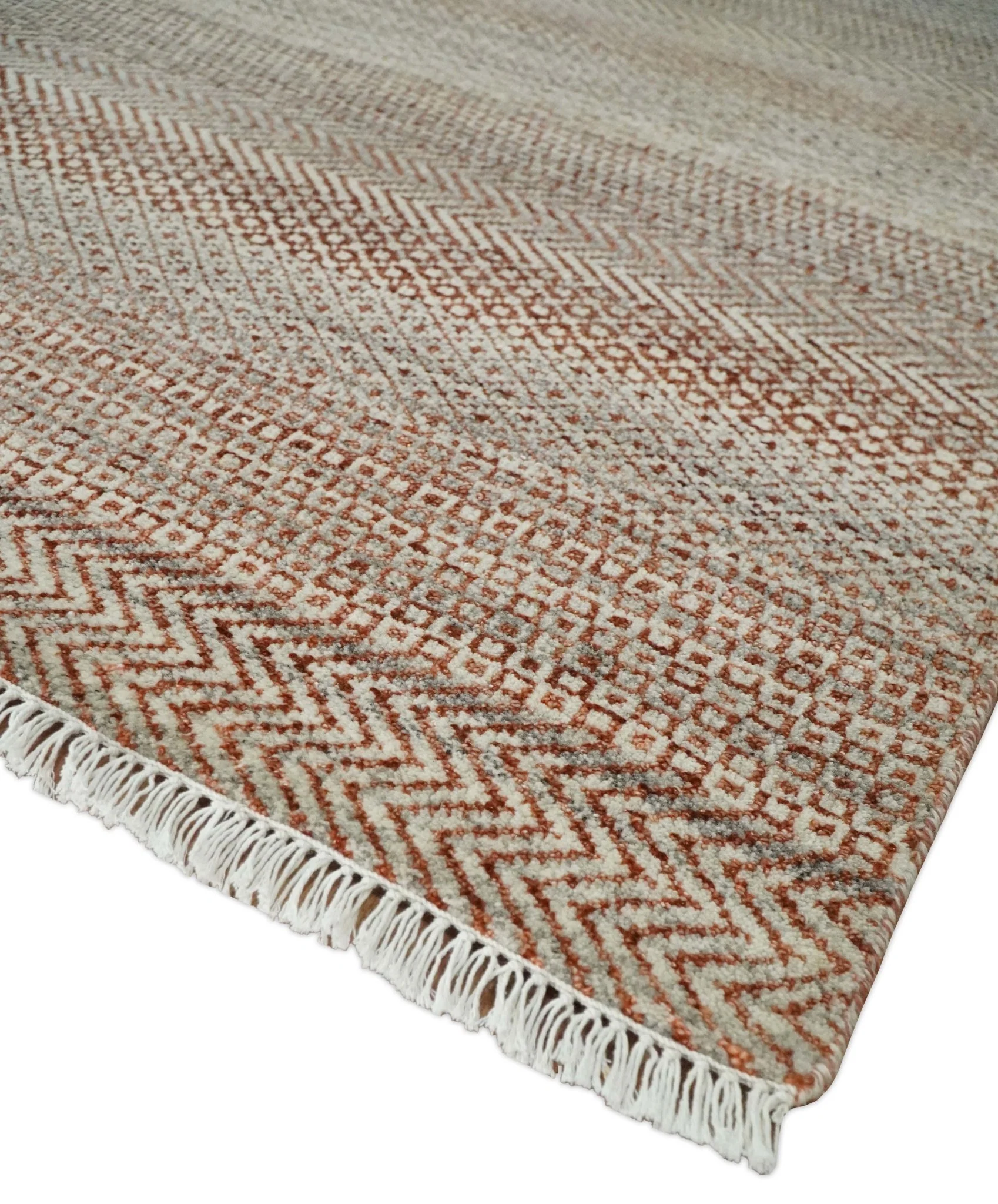 Modern Geometric Trellis Scandinavian Hand Knotted 8x10 Rust, Ivory and Gray Wool Area Rug | TRDCP940810 - Image 5