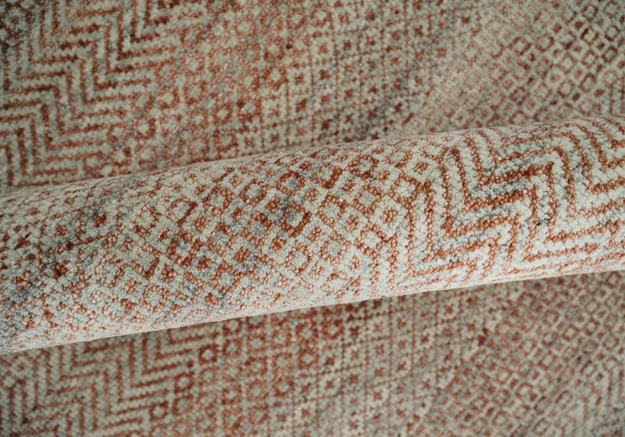 Modern Geometric Trellis Scandinavian Hand Knotted 8x10 Rust, Ivory and Gray Wool Area Rug | TRDCP940810 - Image 6