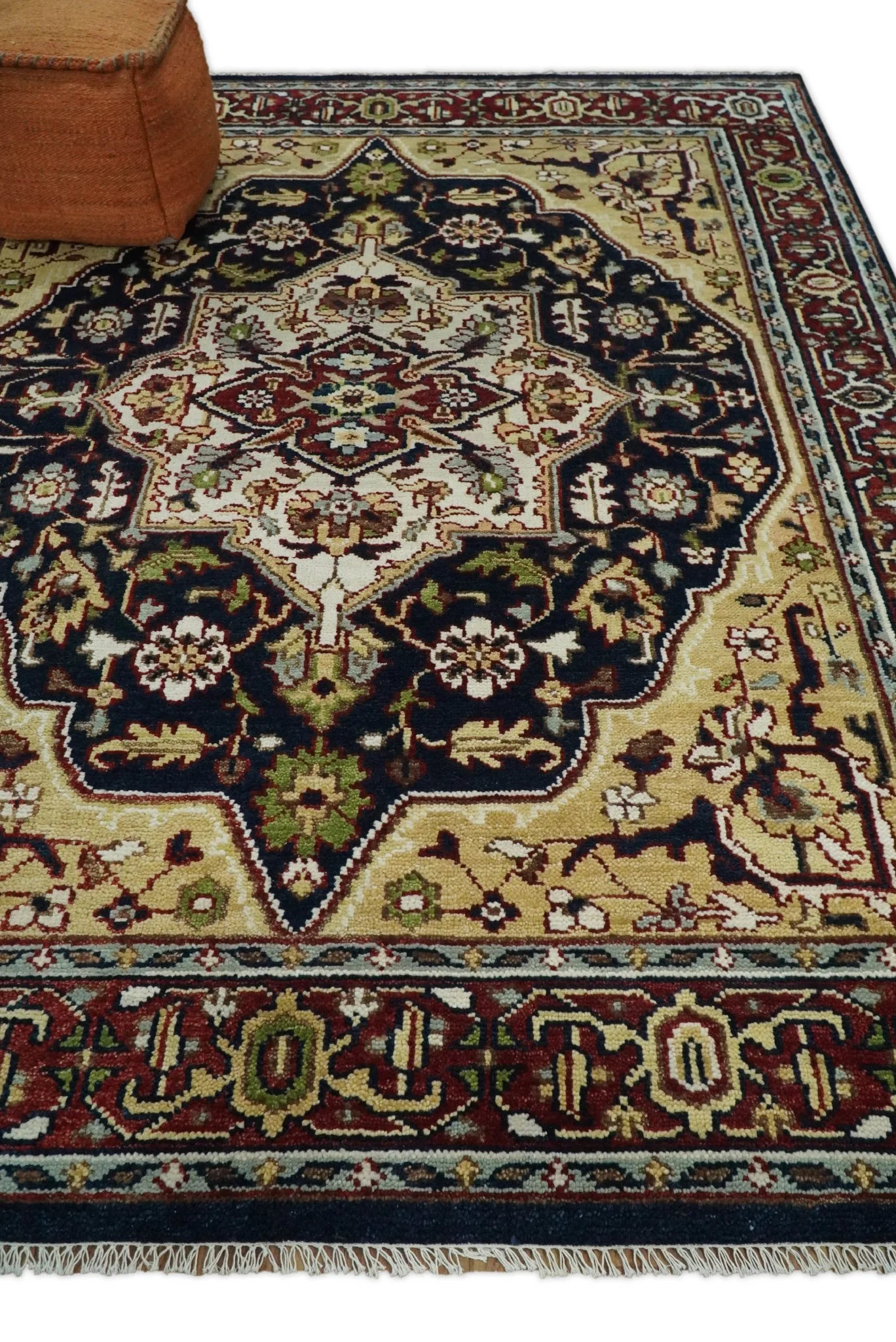 8x10 Hand Knotted Navy Blue, Ivory and Rust Traditional Vintage Heriz Serapi Antique Wool Rug | TRDCP559810 - Image 2