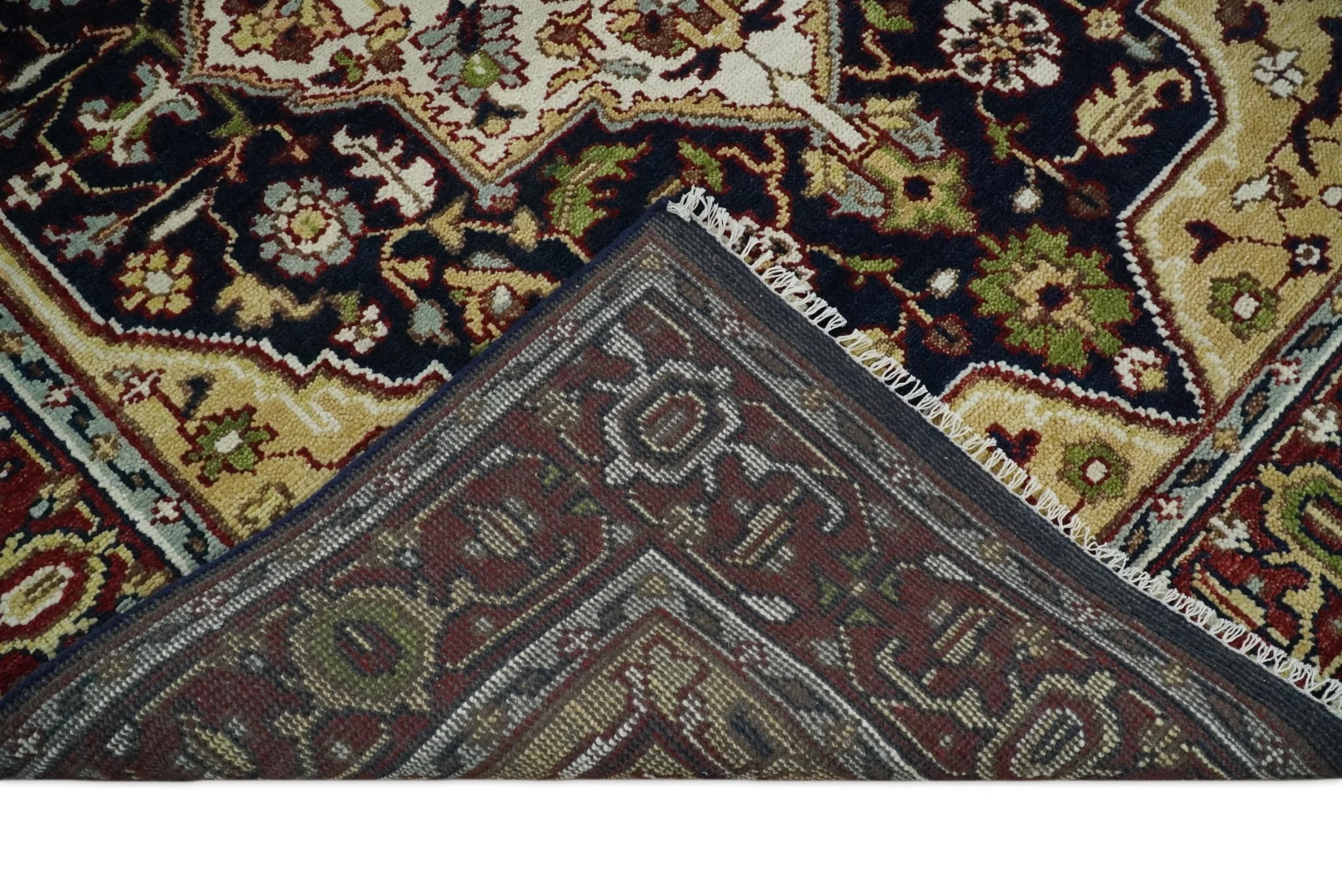 8x10 Hand Knotted Navy Blue, Ivory and Rust Traditional Vintage Heriz Serapi Antique Wool Rug | TRDCP559810 - Image 6