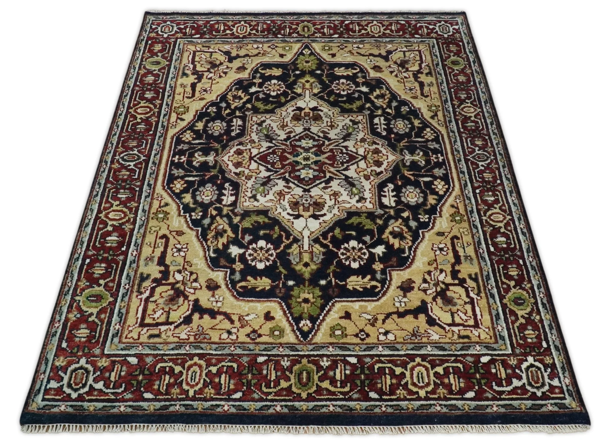 8x10 Hand Knotted Navy Blue, Ivory and Rust Traditional Vintage Heriz Serapi Antique Wool Rug | TRDCP559810 - Image 8