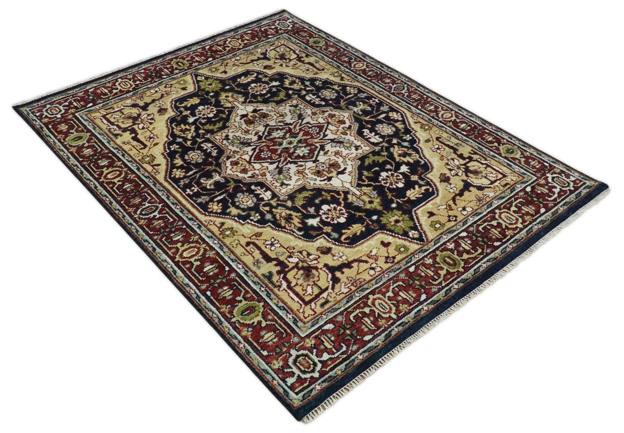 8x10 Hand Knotted Navy Blue, Ivory and Rust Traditional Vintage Heriz Serapi Antique Wool Rug | TRDCP559810 - Image 9