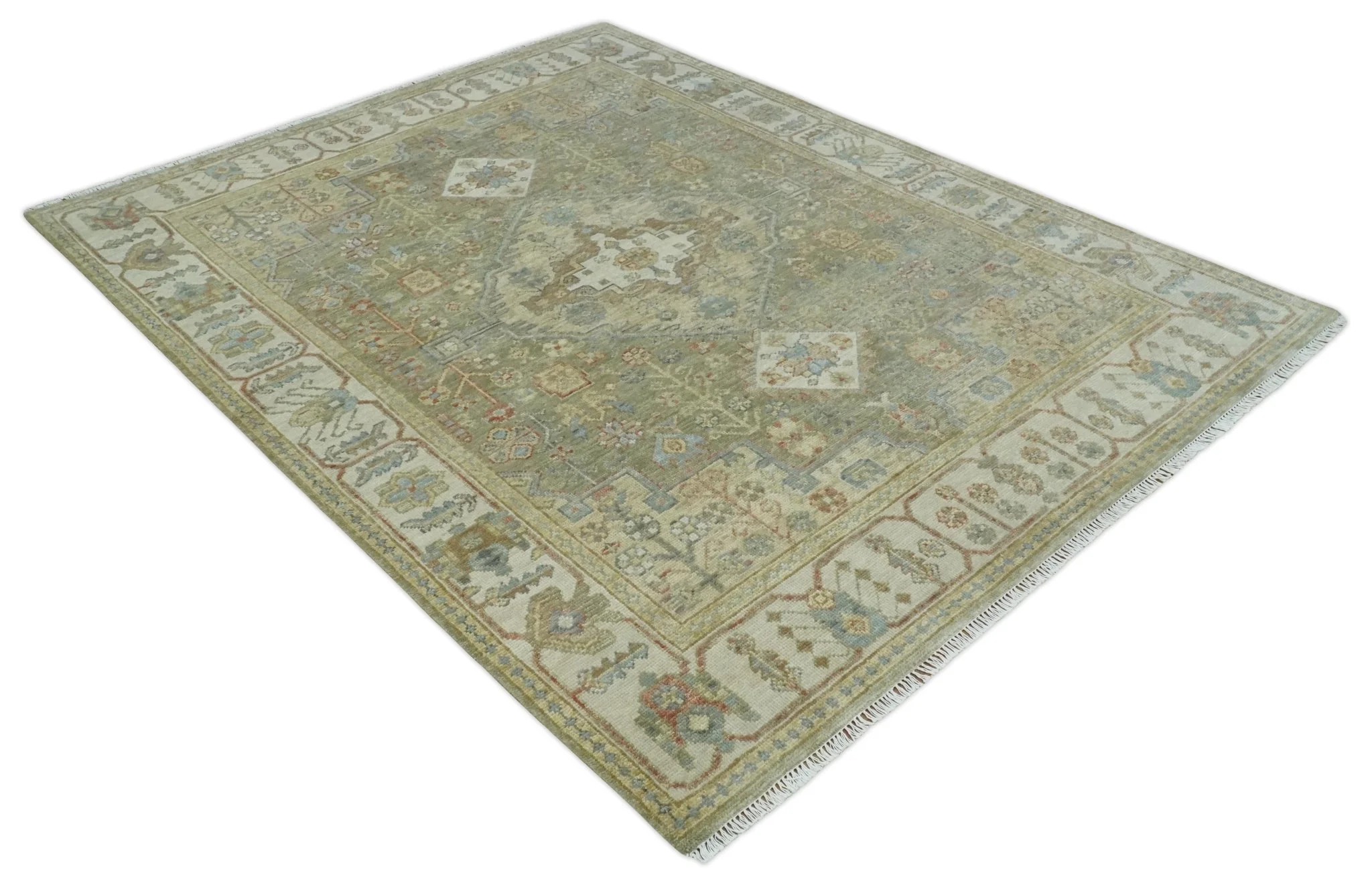 8x10 Hand Knotted Olive and Ivory Traditional Vintage Heriz Serapi Antique Wool Rug | TRDCP1076S - Image 10