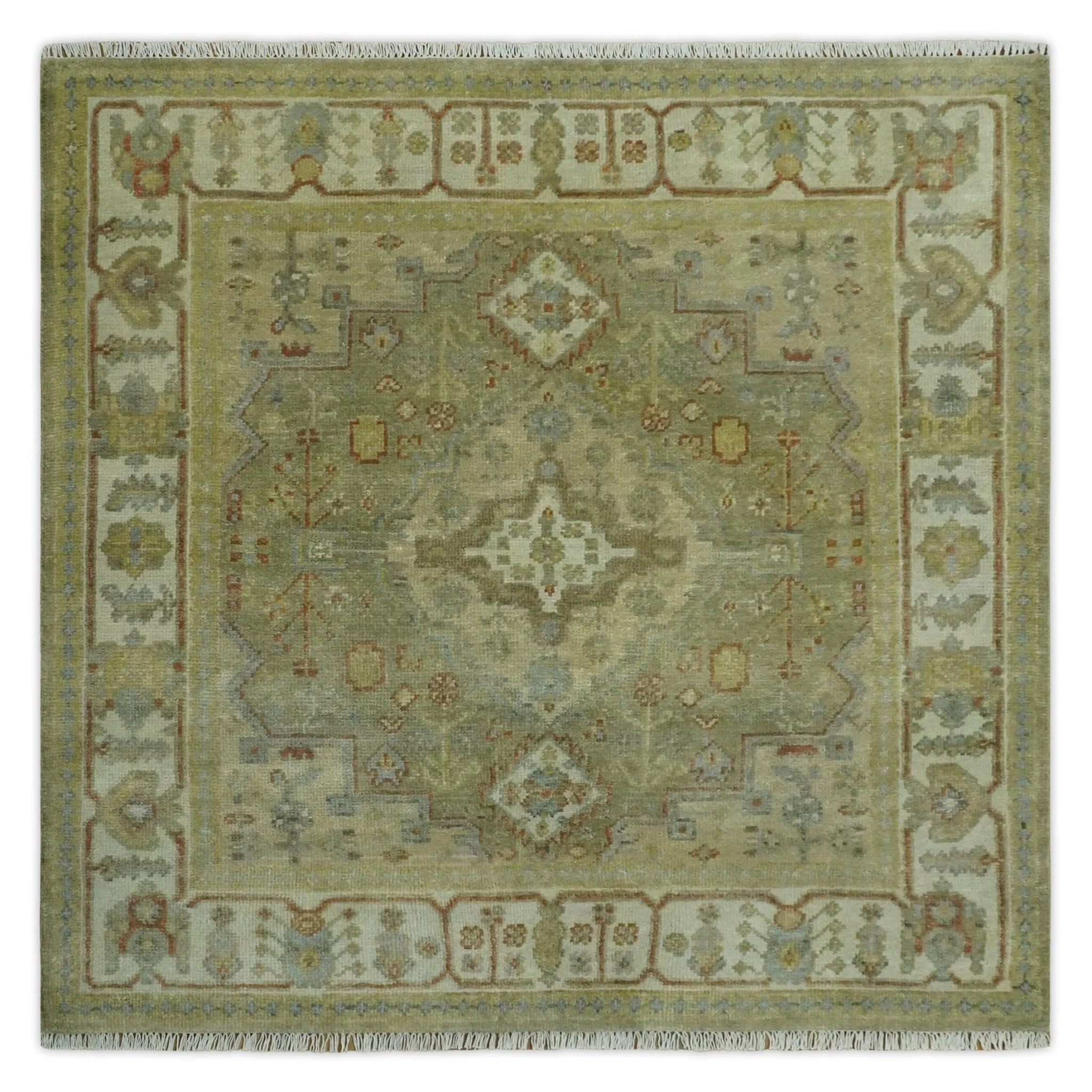 8x10 Hand Knotted Olive and Ivory Traditional Vintage Heriz Serapi Antique Wool Rug | TRDCP1076S - Image 11