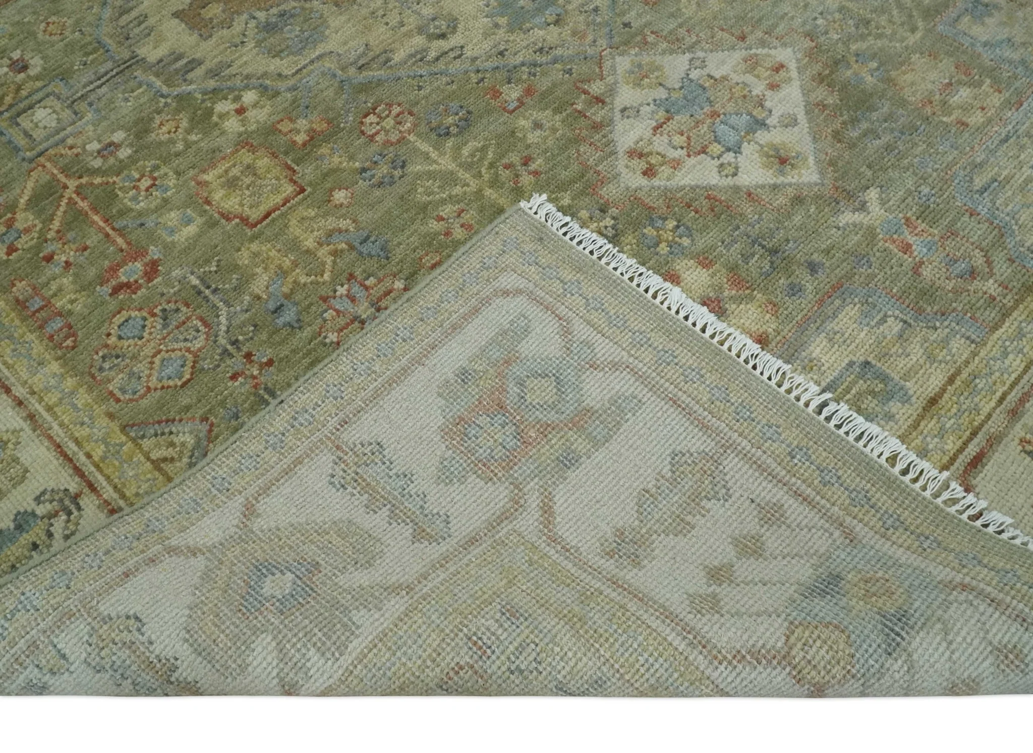 8x10 Hand Knotted Olive and Ivory Traditional Vintage Heriz Serapi Antique Wool Rug | TRDCP1076S - Image 6