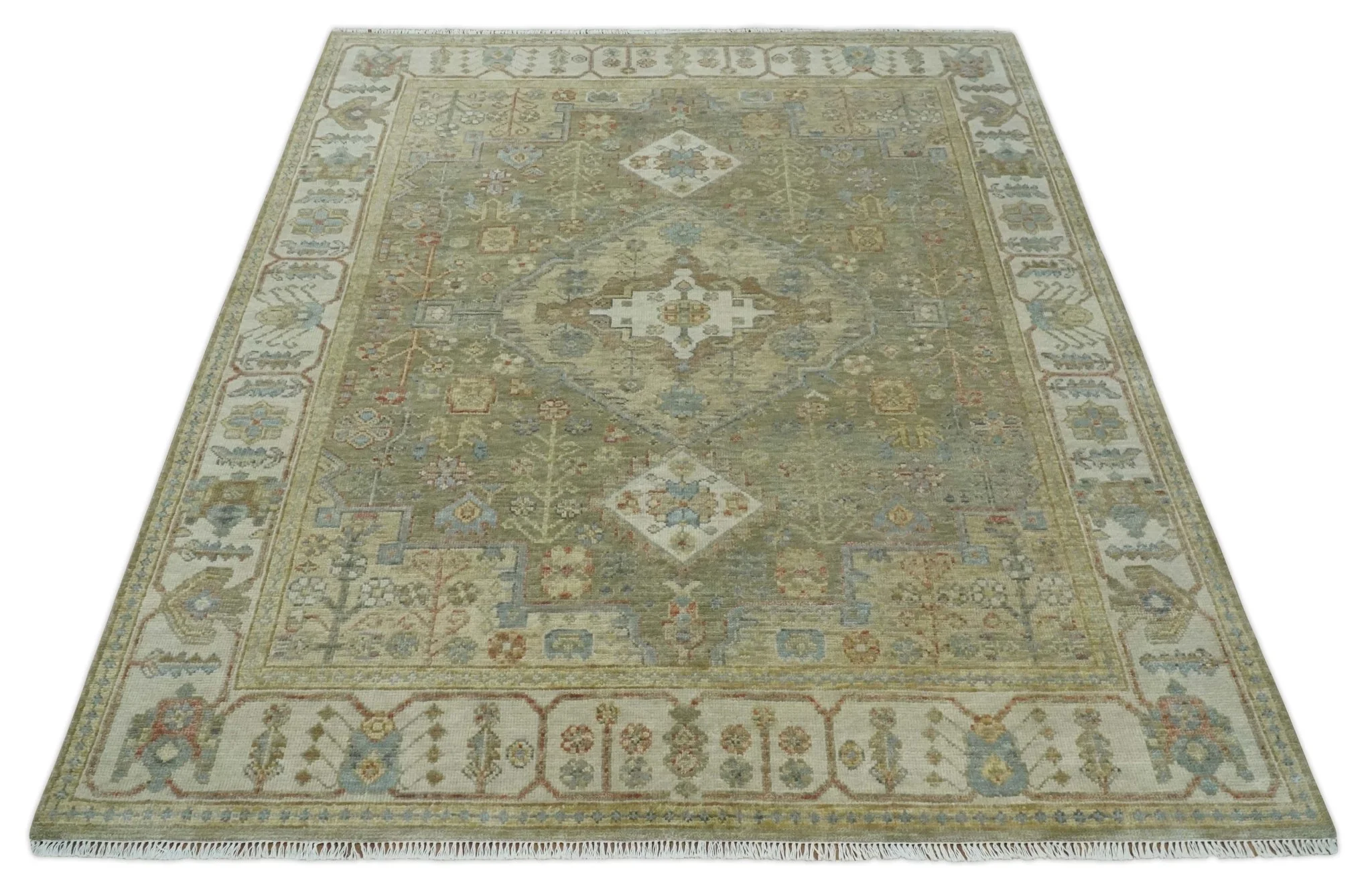 8x10 Hand Knotted Olive and Ivory Traditional Vintage Heriz Serapi Antique Wool Rug | TRDCP1076S - Image 7