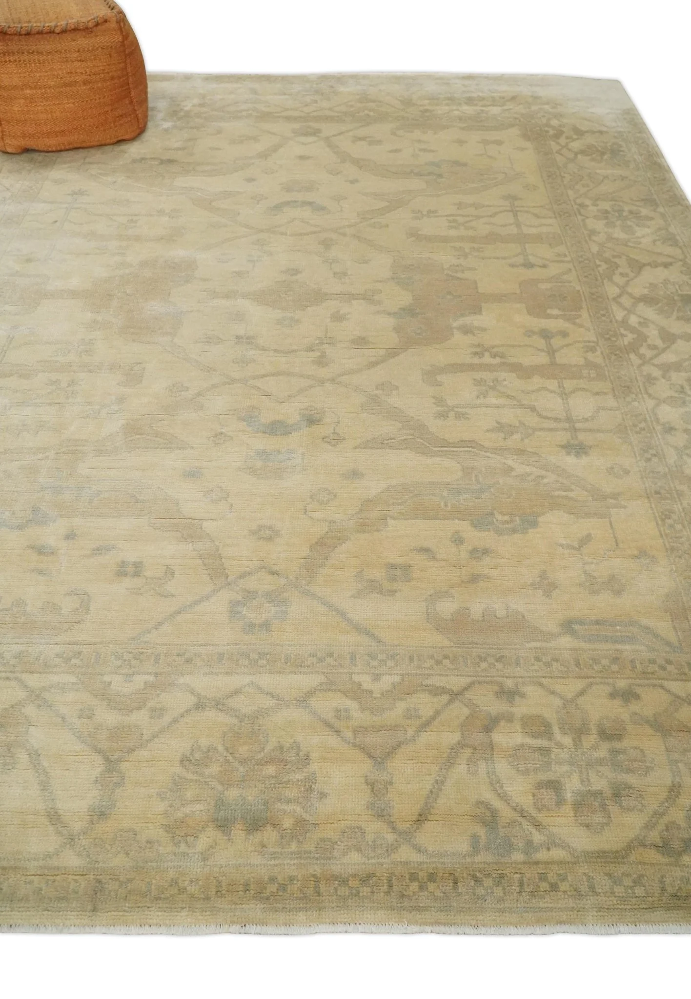 Antique Finish Hand Knotted 8x10 Beige and Brown Traditional Oushak Area Rug - Image 3