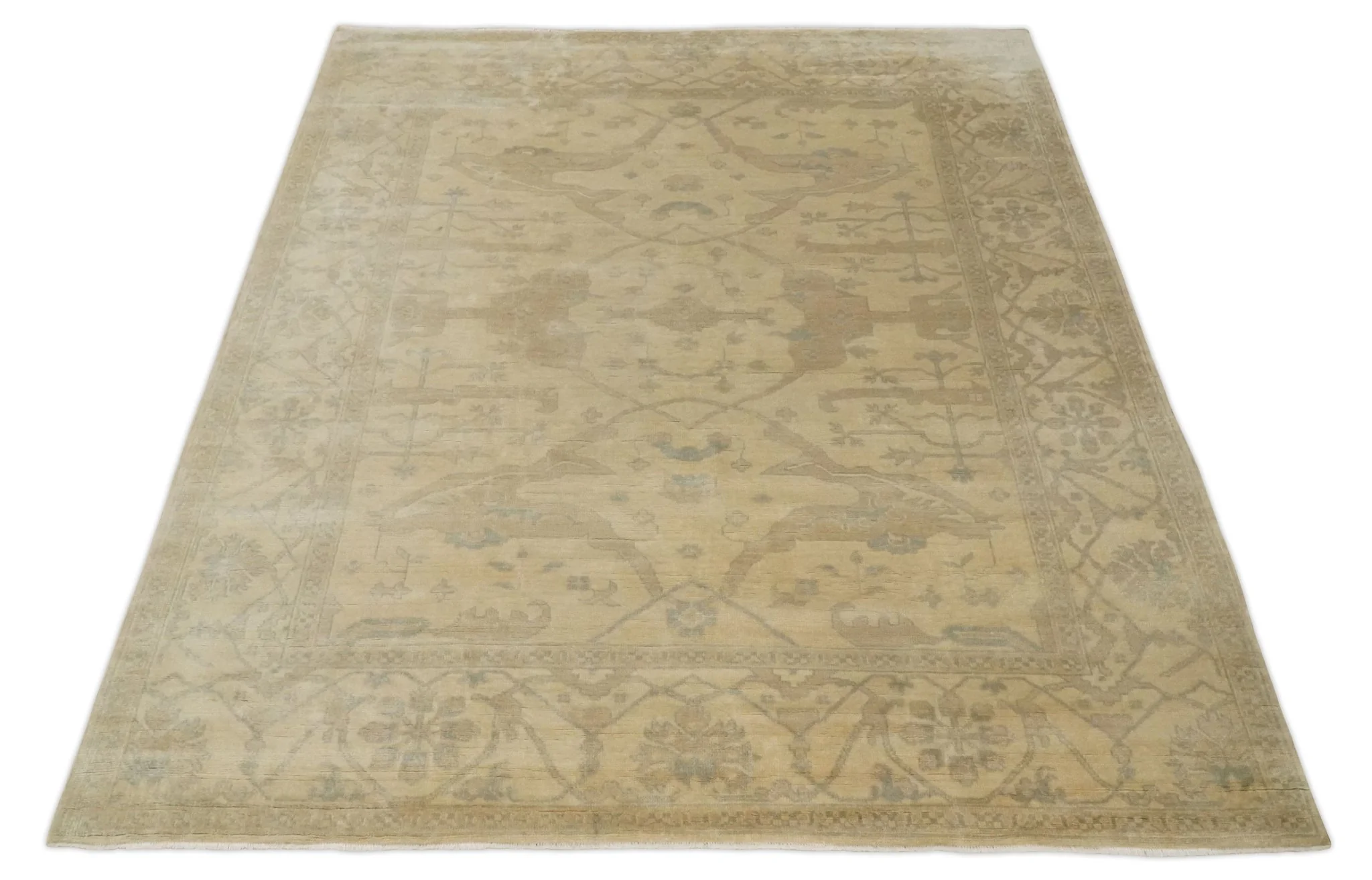 Antique Finish Hand Knotted 8x10 Beige and Brown Traditional Oushak Area Rug - Image 9