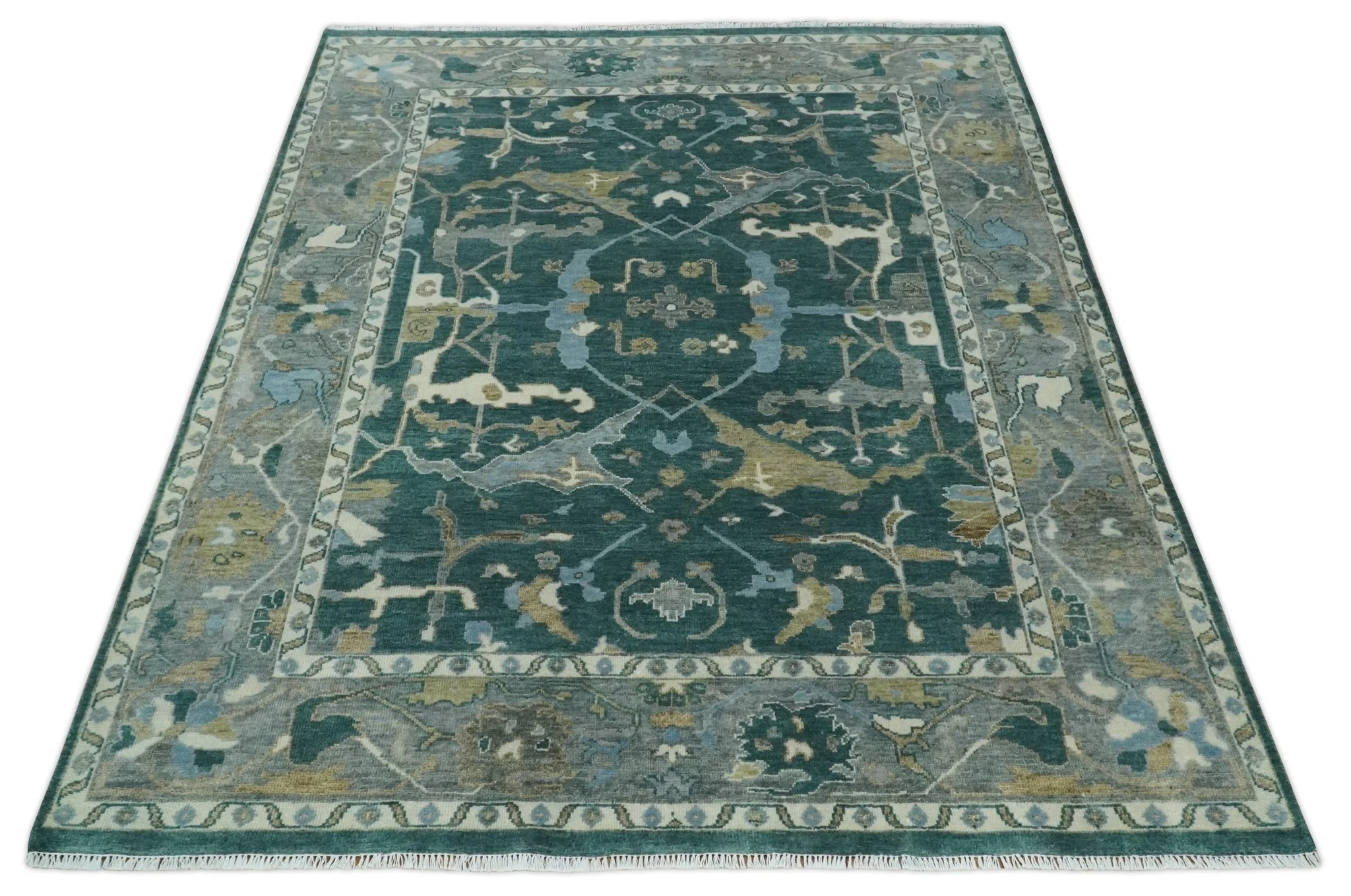 Antique 8x10 Hand Knotted Oriental Oushak Teal Green and Gray Wool Area Rug - Image 10