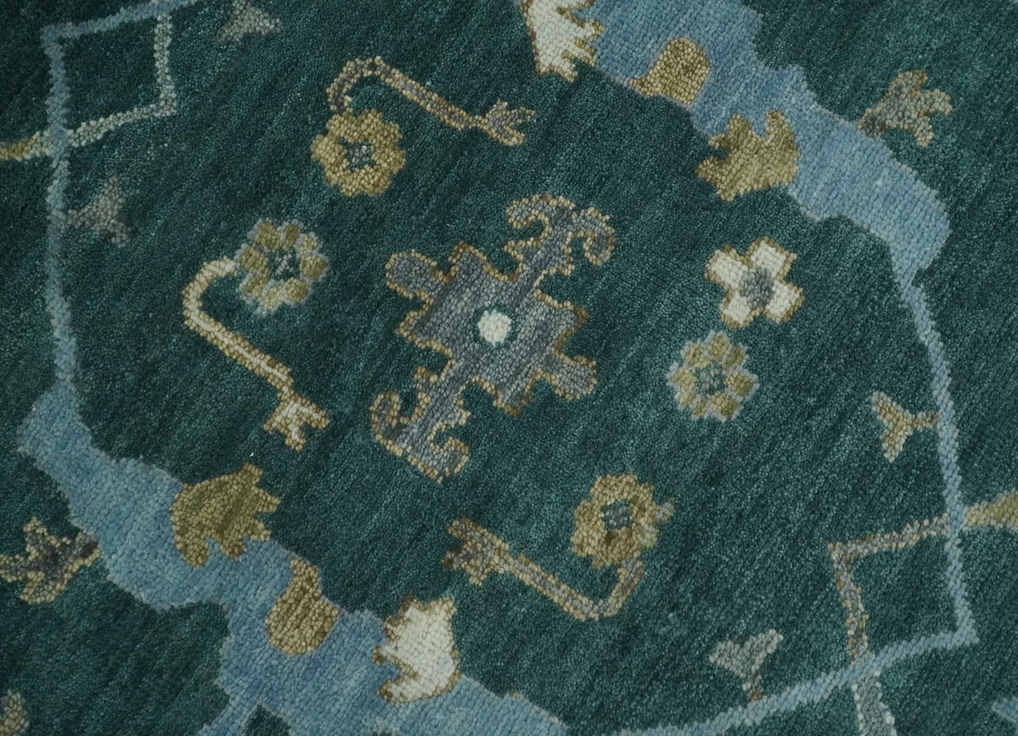 Antique 8x10 Hand Knotted Oriental Oushak Teal Green and Gray Wool Area Rug - Image 4