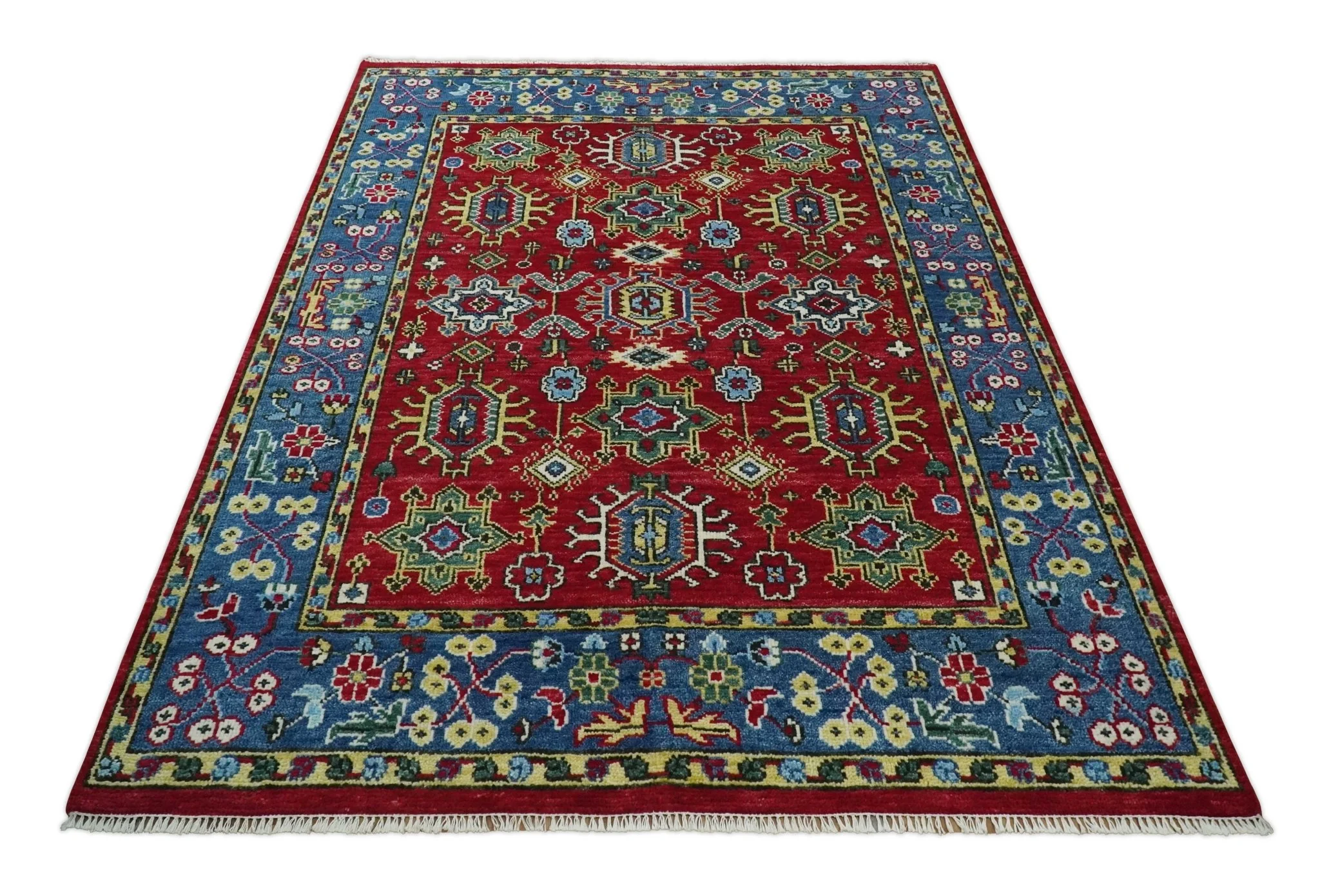 Custom Made Maroon and Blue Antique Turkish Kashgar Hand Knotted Red and Blue Traditional Oushak Wool Area Rug - Image 11