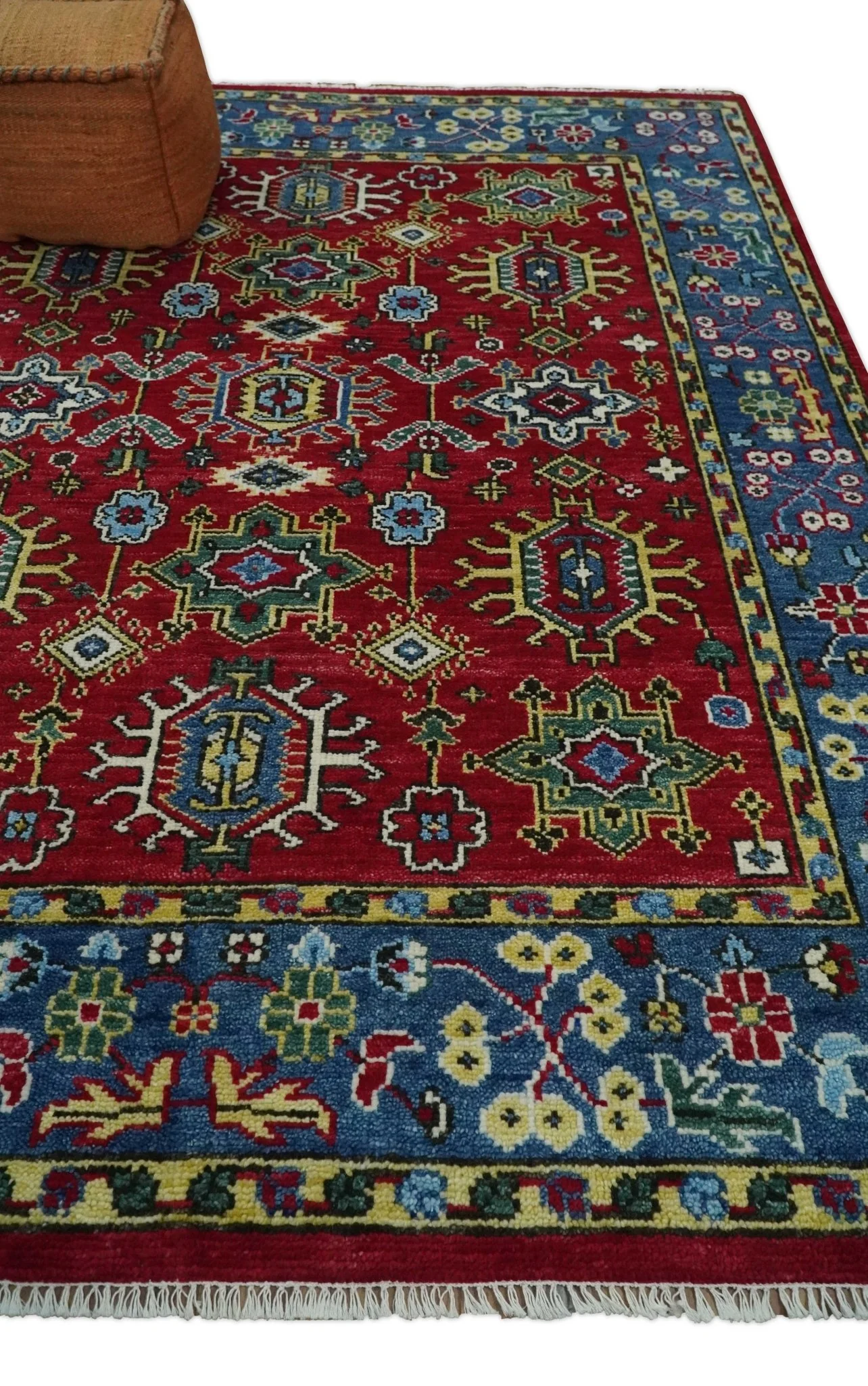Custom Made Maroon and Blue Antique Turkish Kashgar Hand Knotted Red and Blue Traditional Oushak Wool Area Rug - Image 3