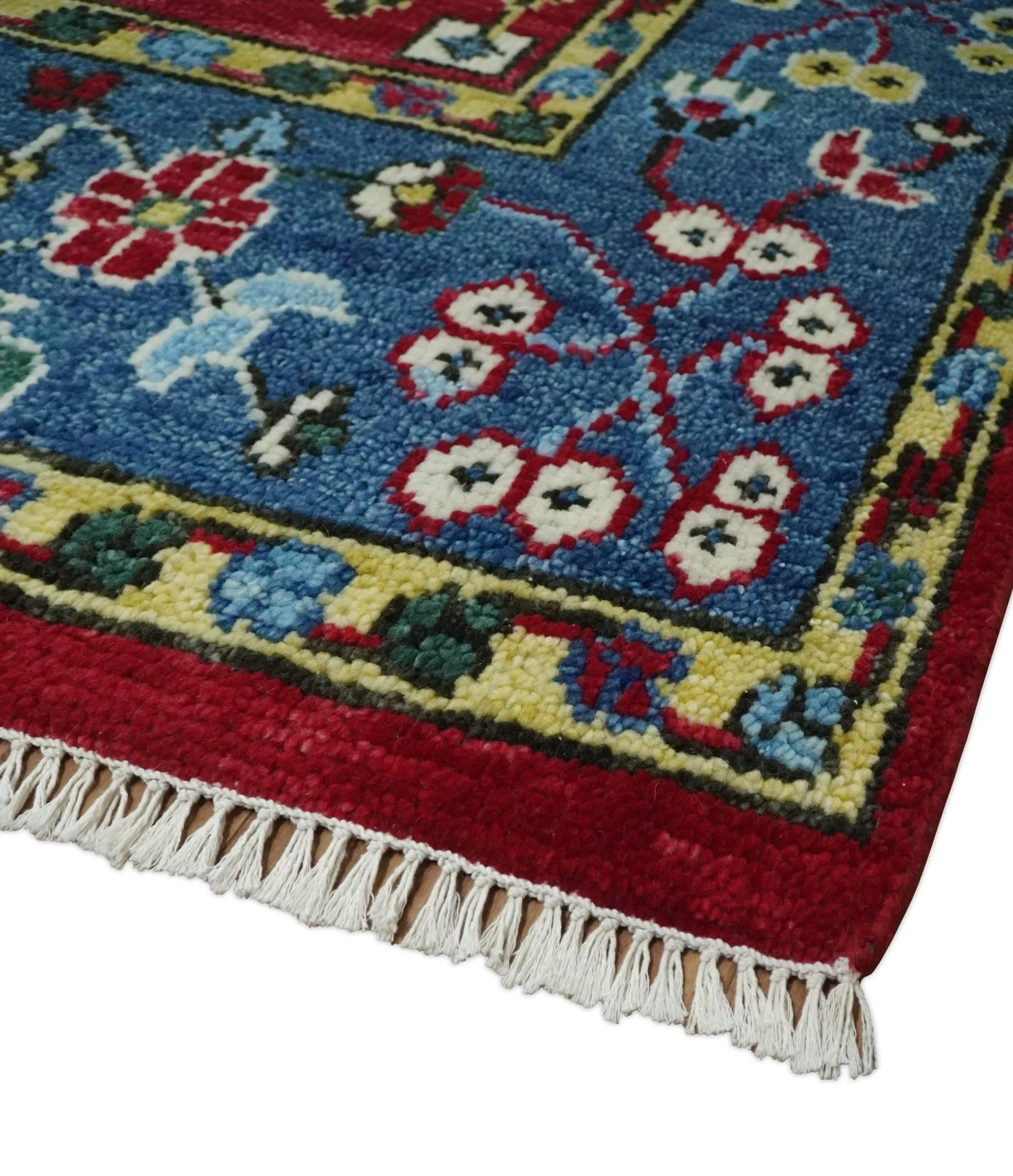 Custom Made Maroon and Blue Antique Turkish Kashgar Hand Knotted Red and Blue Traditional Oushak Wool Area Rug - Image 5