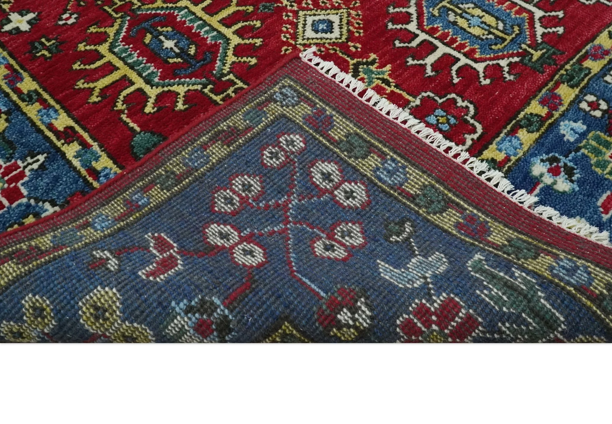 Custom Made Maroon and Blue Antique Turkish Kashgar Hand Knotted Red and Blue Traditional Oushak Wool Area Rug - Image 7