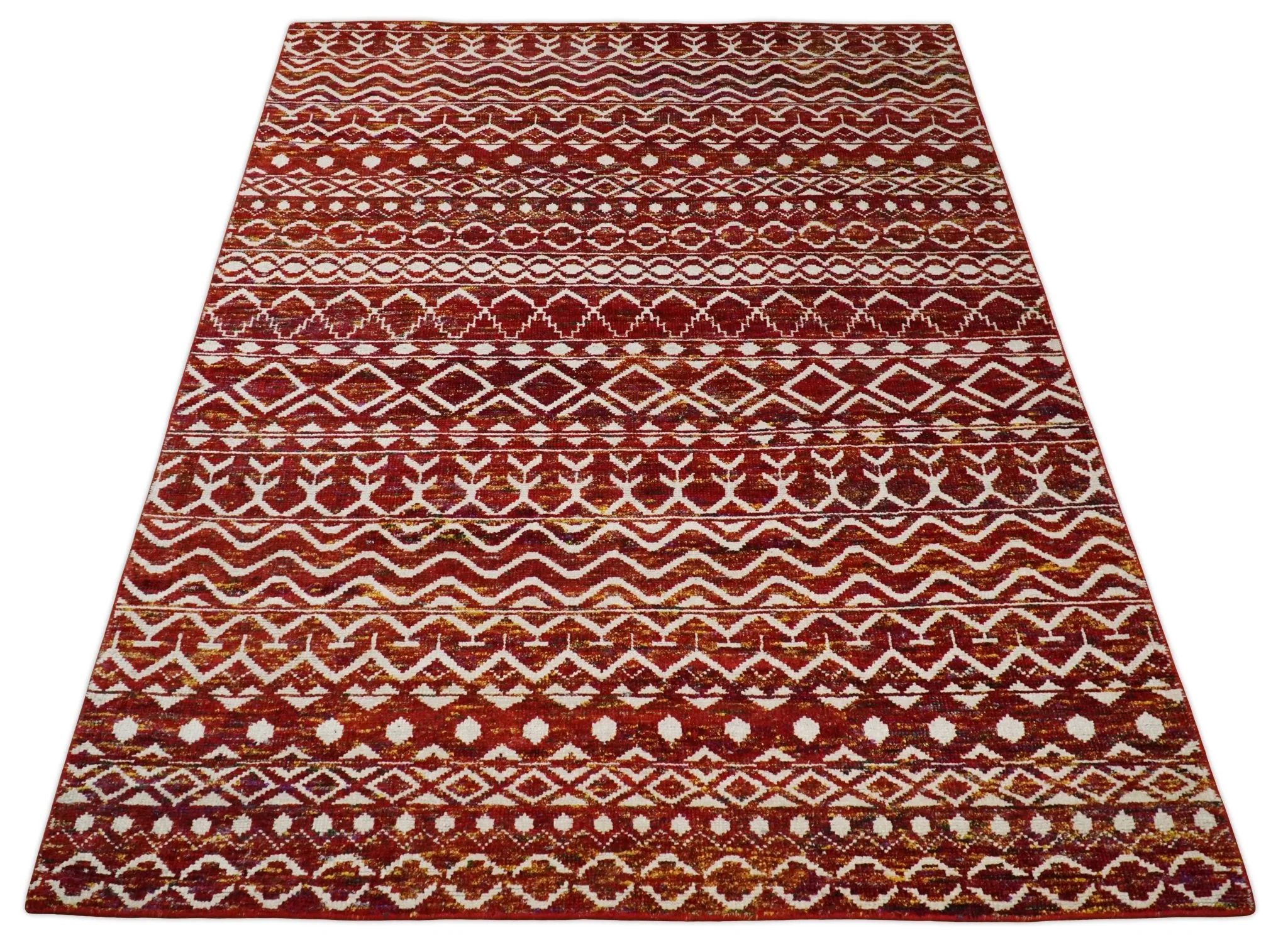 8x10 Hand Knotted Rust, Gold and White Modern Contemporary Southwestern Tribal Trellis Recycled Silk Area Rug | OP2 - Image 10