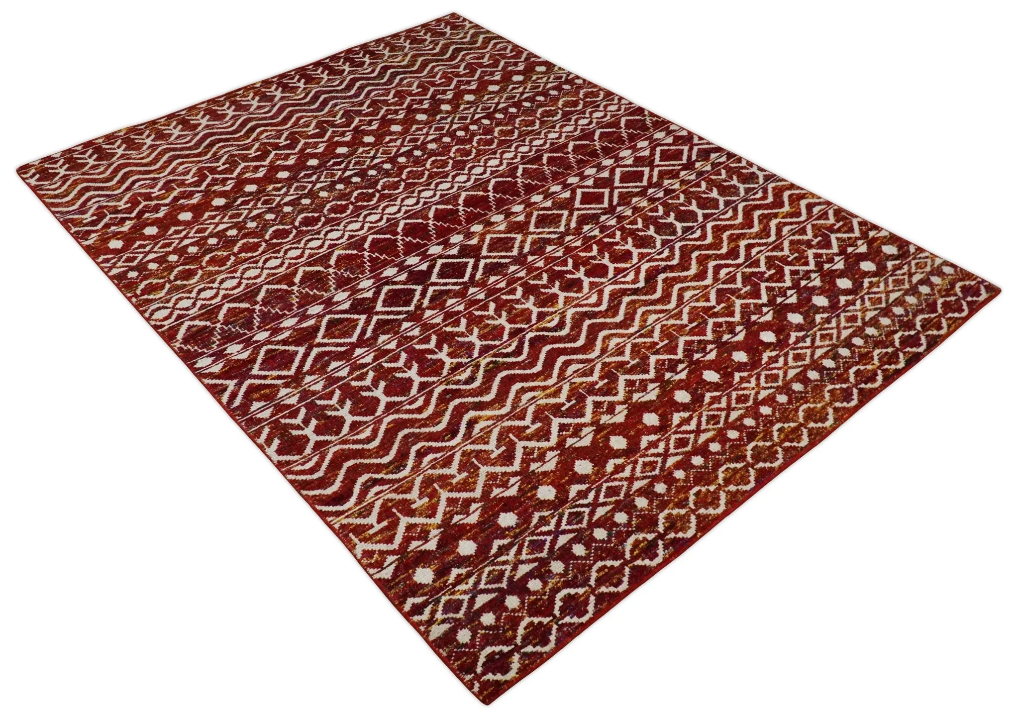 8x10 Hand Knotted Rust, Gold and White Modern Contemporary Southwestern Tribal Trellis Recycled Silk Area Rug | OP2 - Image 11