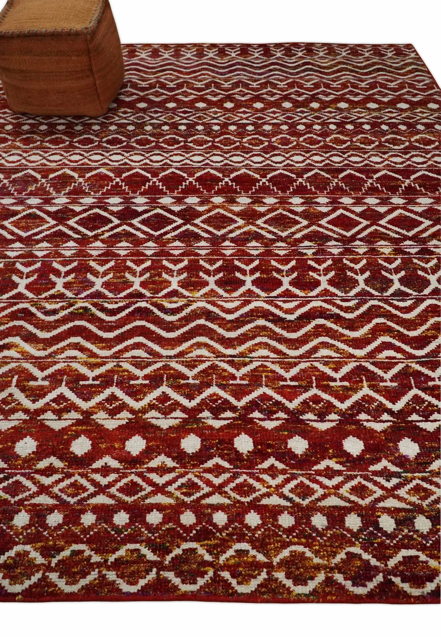 8x10 Hand Knotted Rust, Gold and White Modern Contemporary Southwestern Tribal Trellis Recycled Silk Area Rug | OP2 - Image 3
