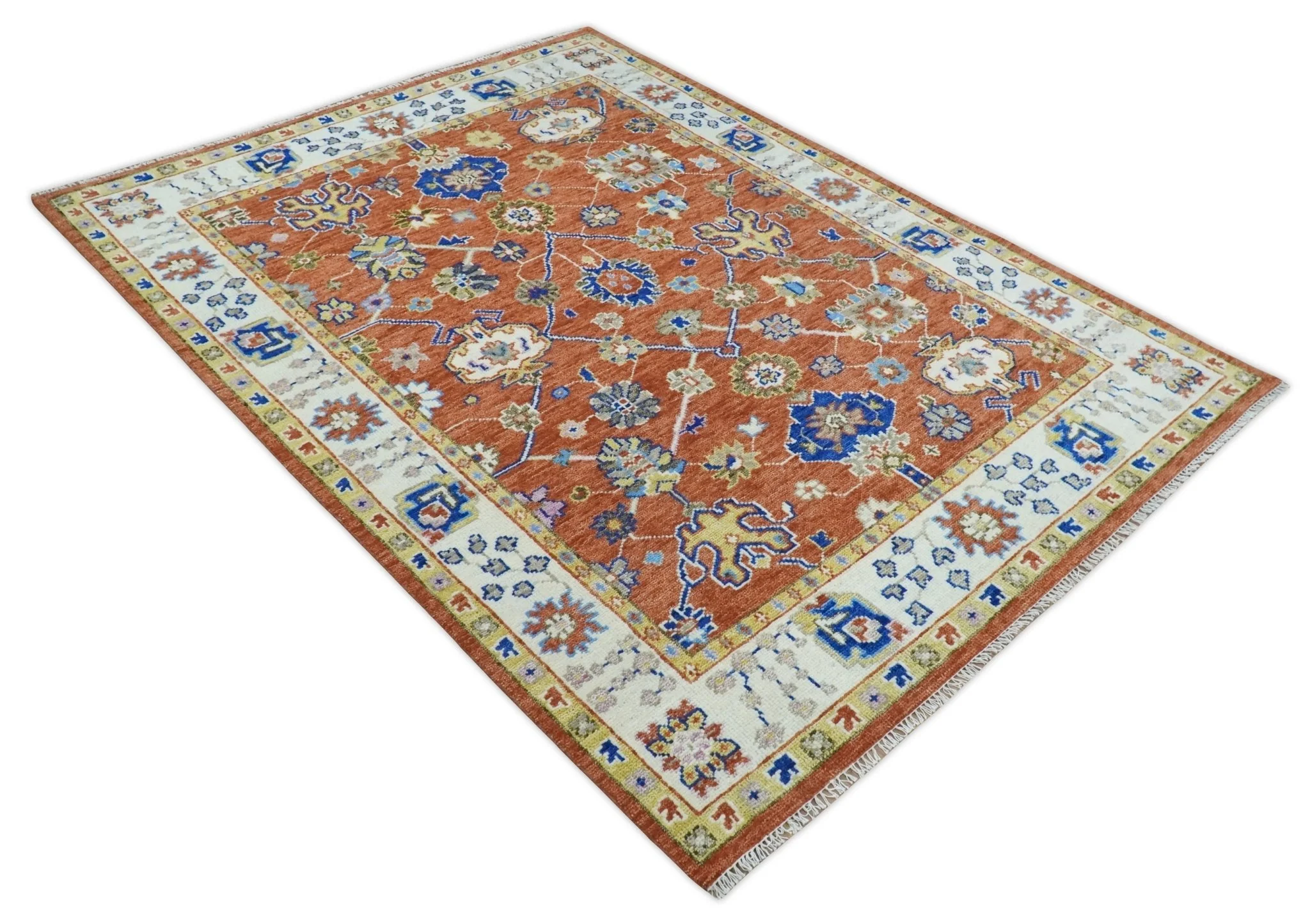 Rust, Ivory and Blue Hand Knotted Oriental Oushak Custom Made wool Area Rug - Image 10