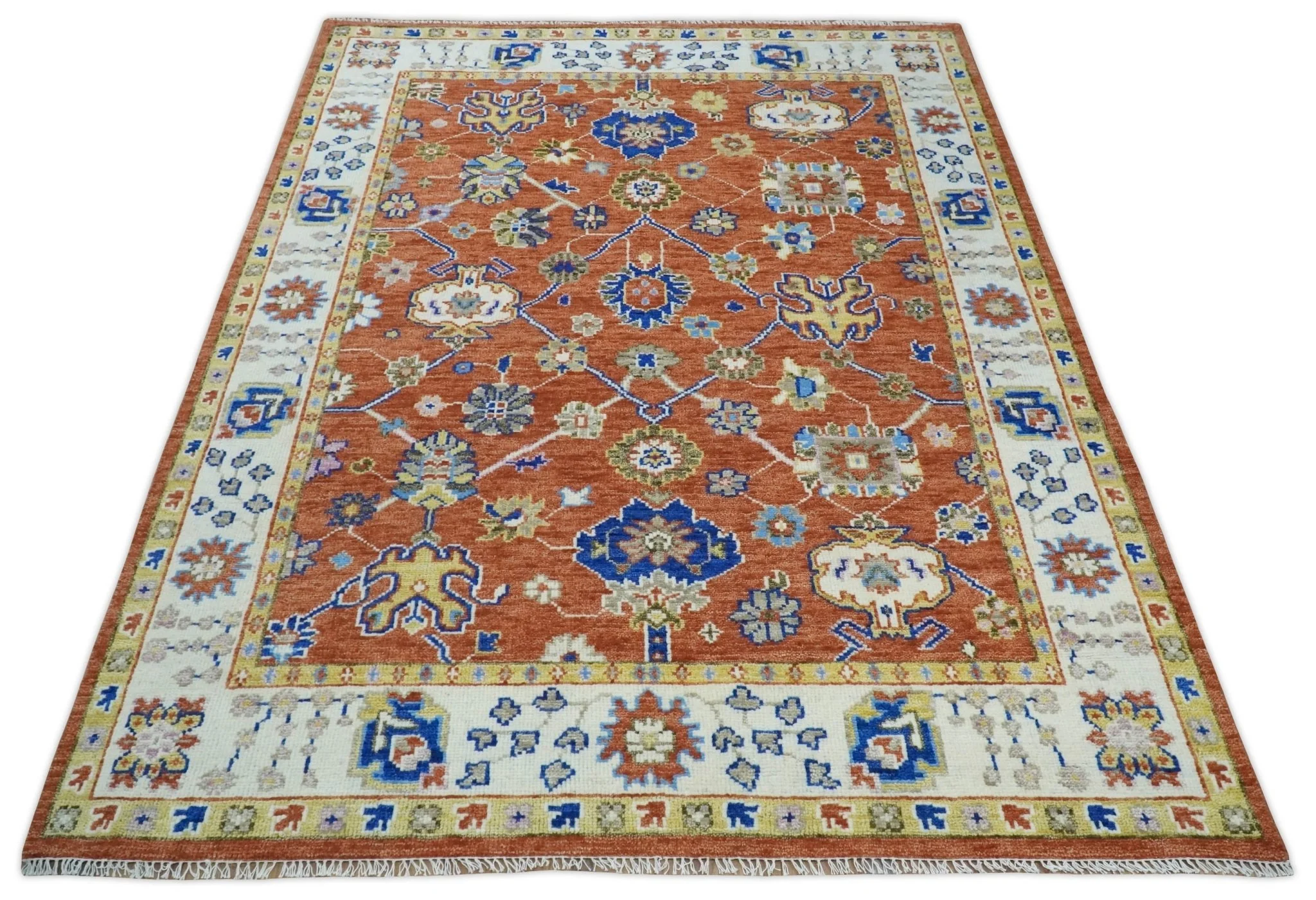 Rust, Ivory and Blue Hand Knotted Oriental Oushak Custom Made wool Area Rug - Image 11
