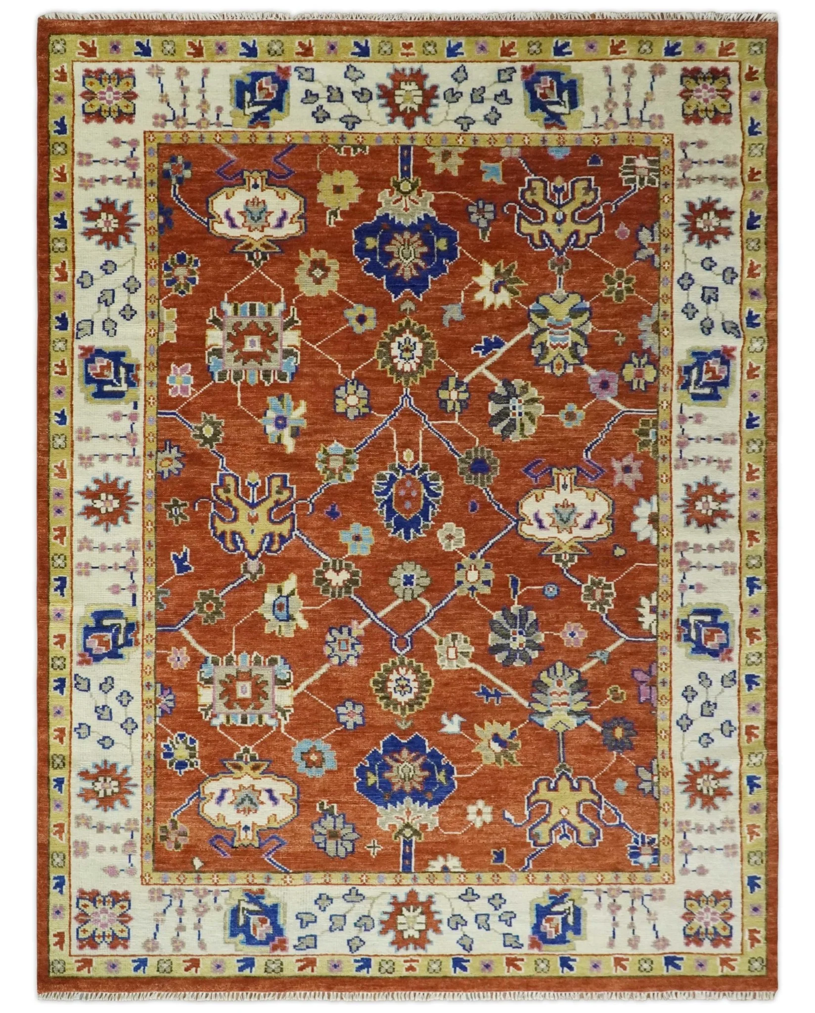 Rust, Ivory and Blue Hand Knotted Oriental Oushak Custom Made wool Area Rug - Image 13