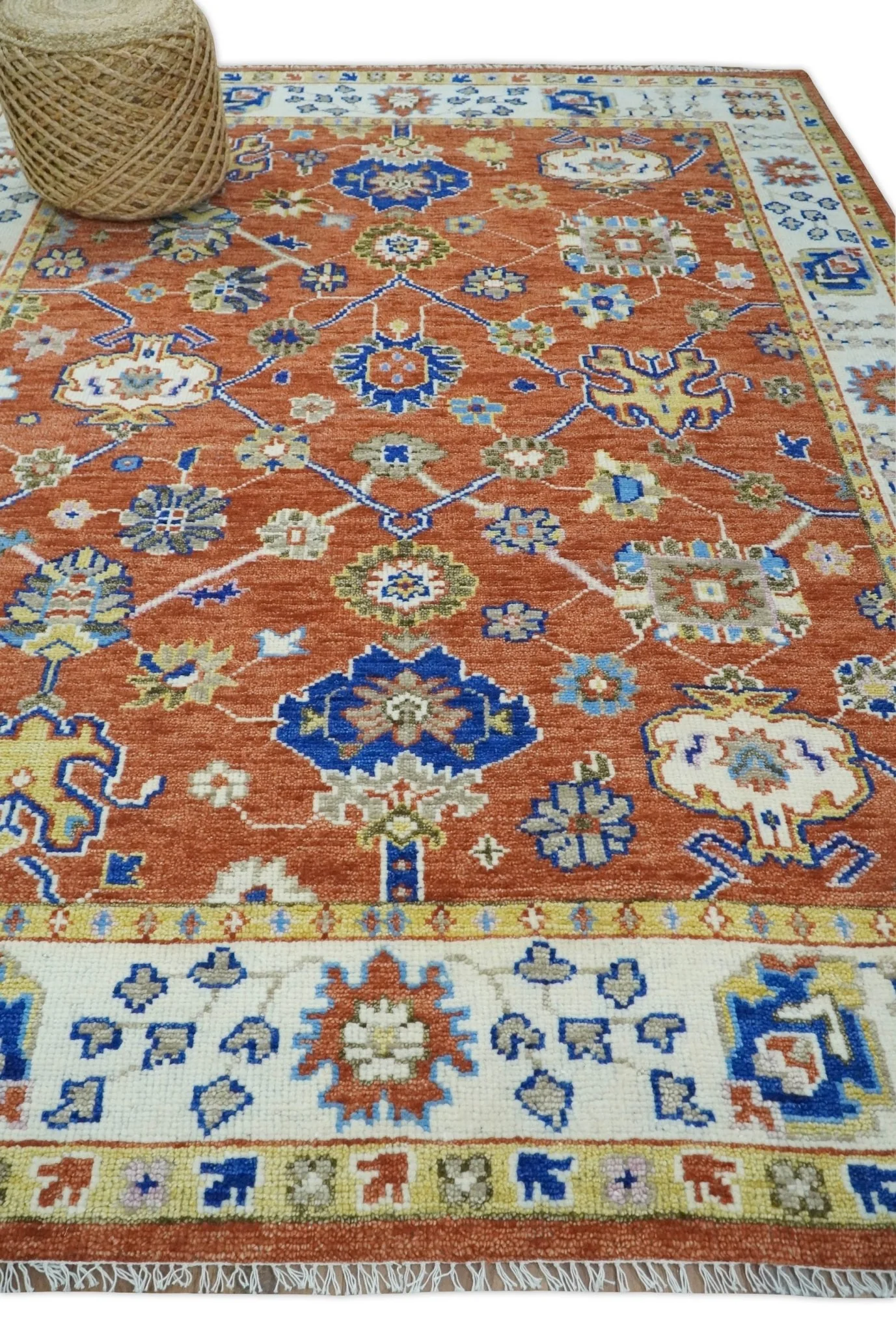 Rust, Ivory and Blue Hand Knotted Oriental Oushak Custom Made wool Area Rug - Image 3
