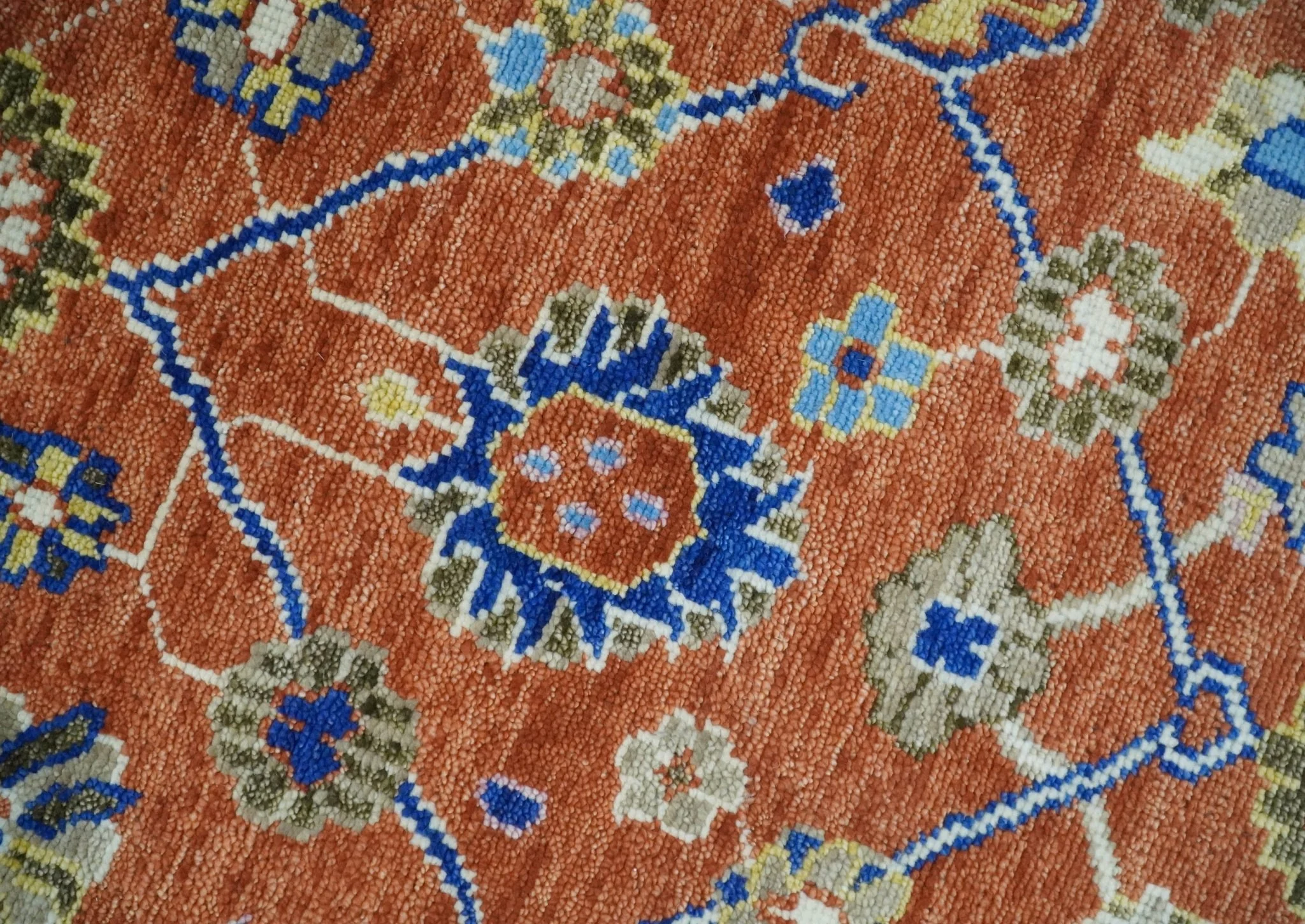 Rust, Ivory and Blue Hand Knotted Oriental Oushak Custom Made wool Area Rug - Image 4