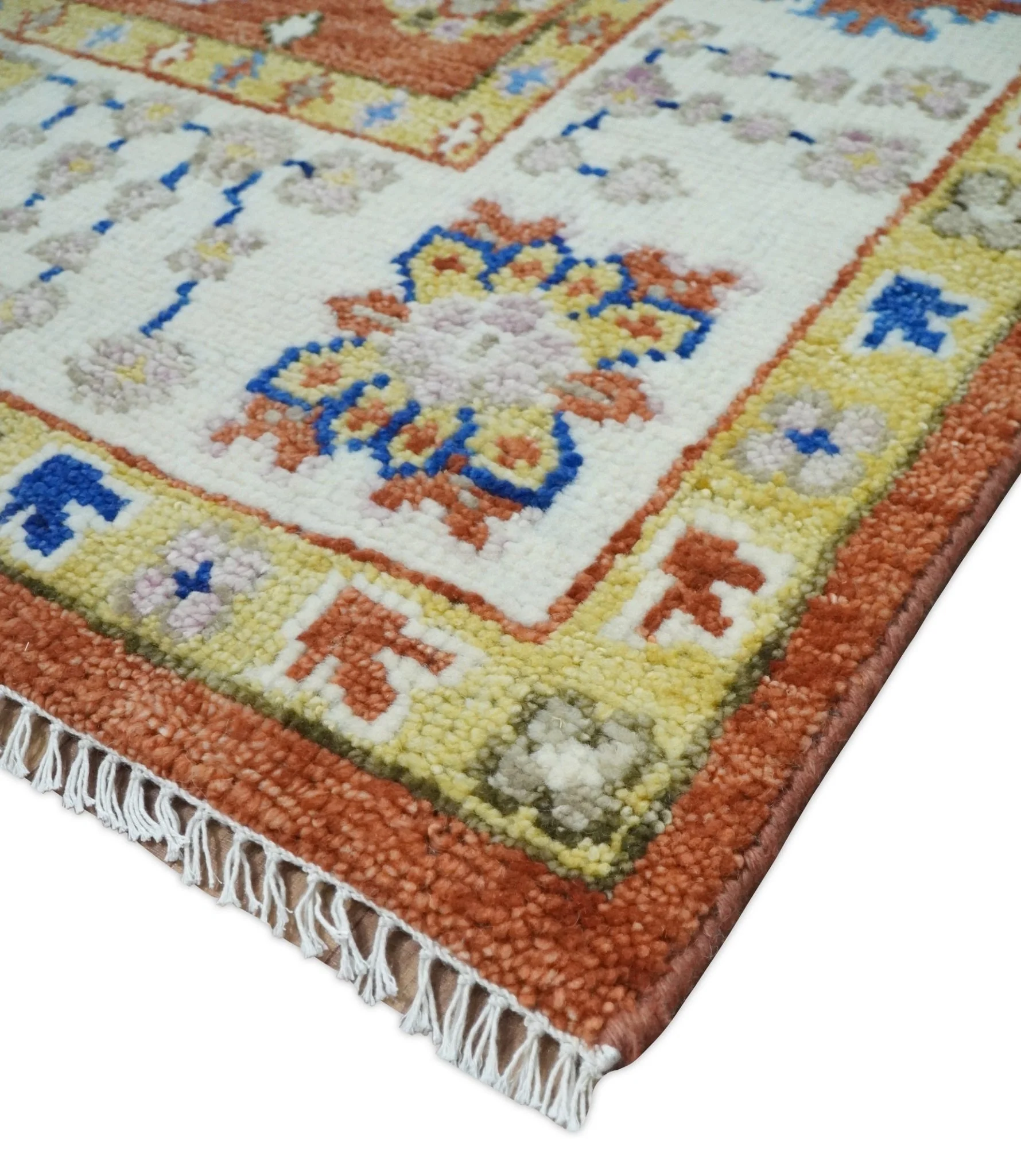 Rust, Ivory and Blue Hand Knotted Oriental Oushak Custom Made wool Area Rug - Image 5