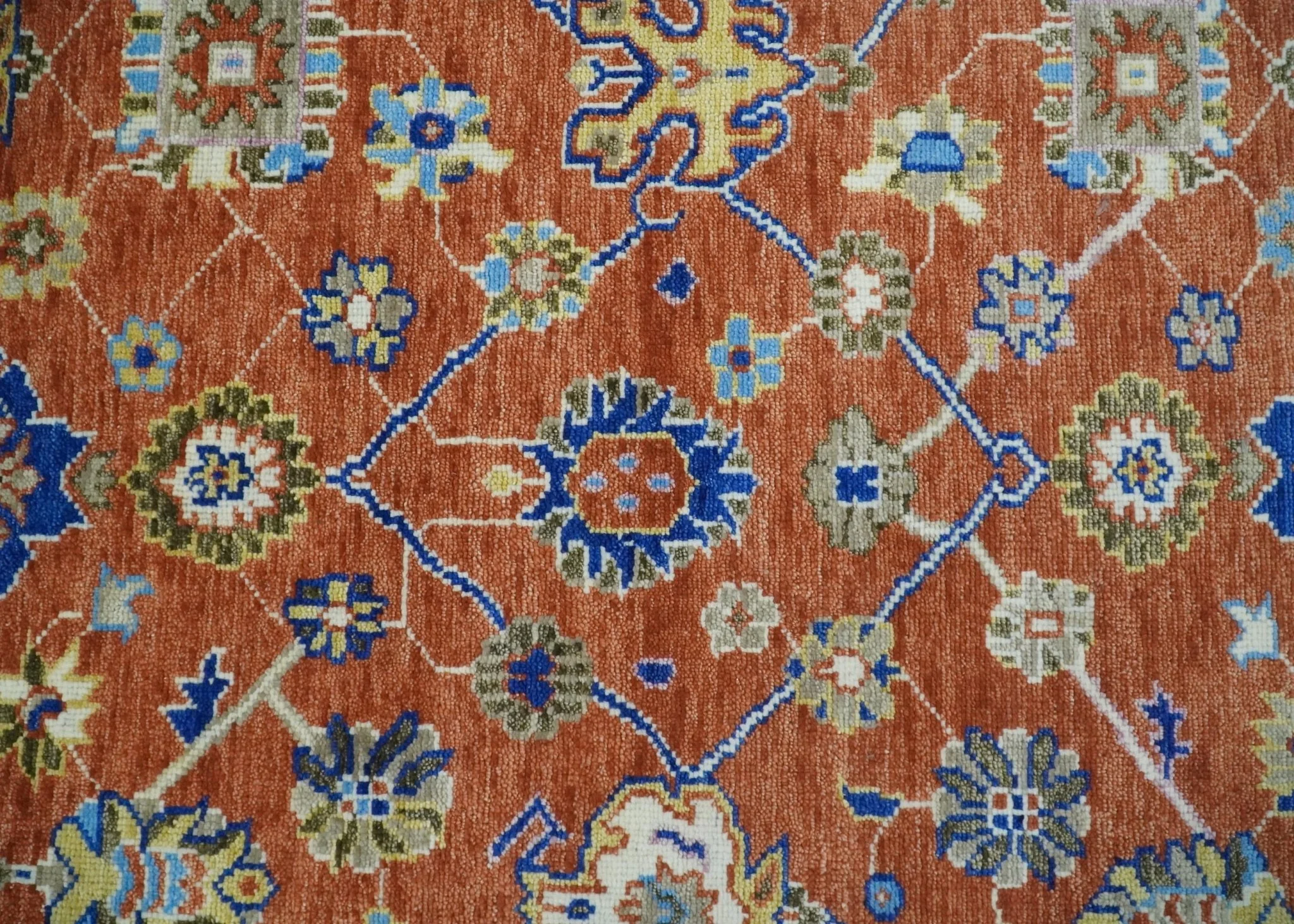 Rust, Ivory and Blue Hand Knotted Oriental Oushak Custom Made wool Area Rug - Image 6