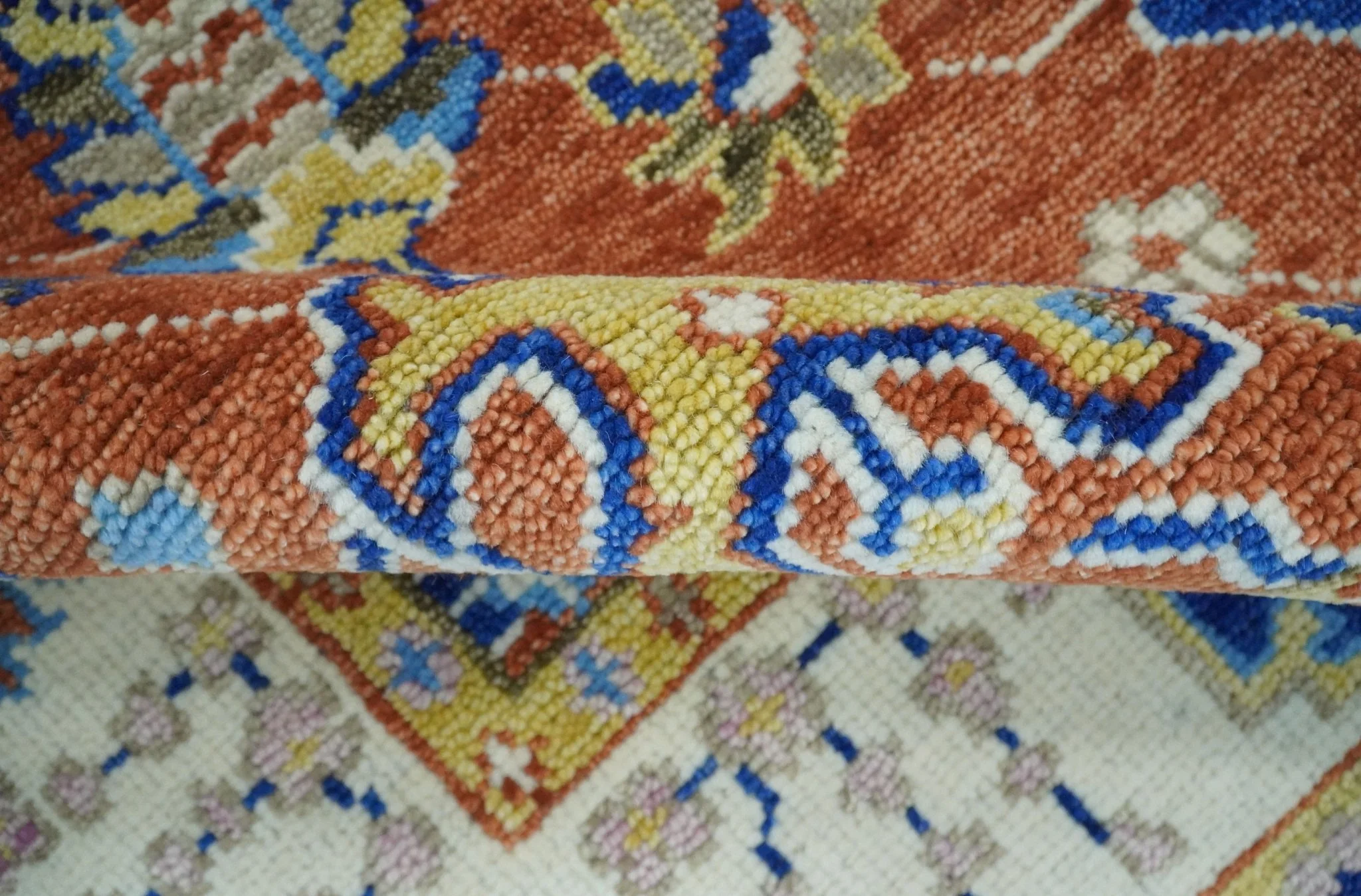 Rust, Ivory and Blue Hand Knotted Oriental Oushak Custom Made wool Area Rug - Image 7